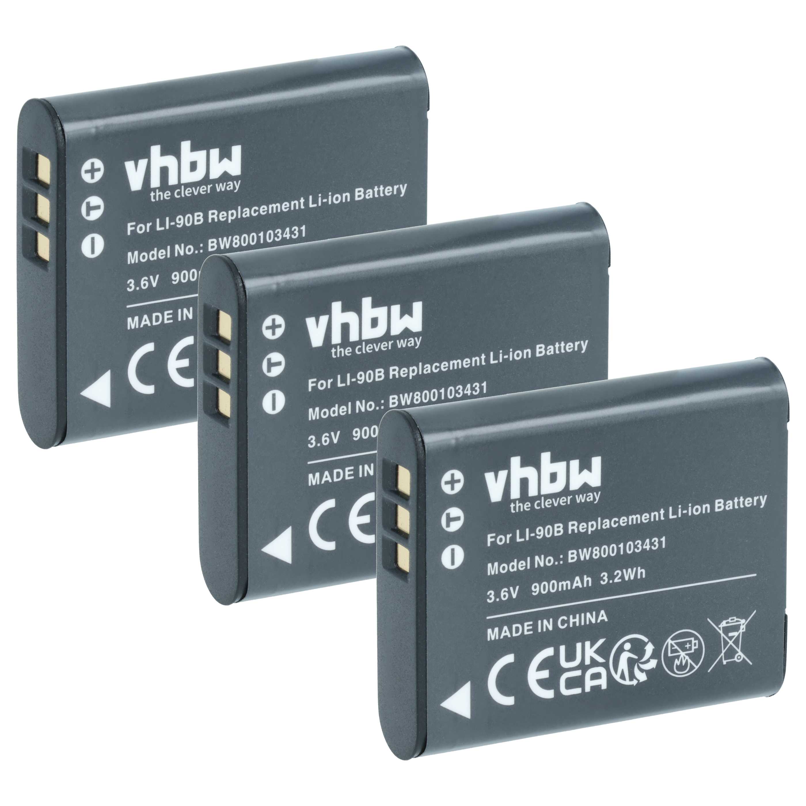 3x Battery replaces Olympus Li-92B, Li-90B - 900mAh, 3.6V, Li-Ion