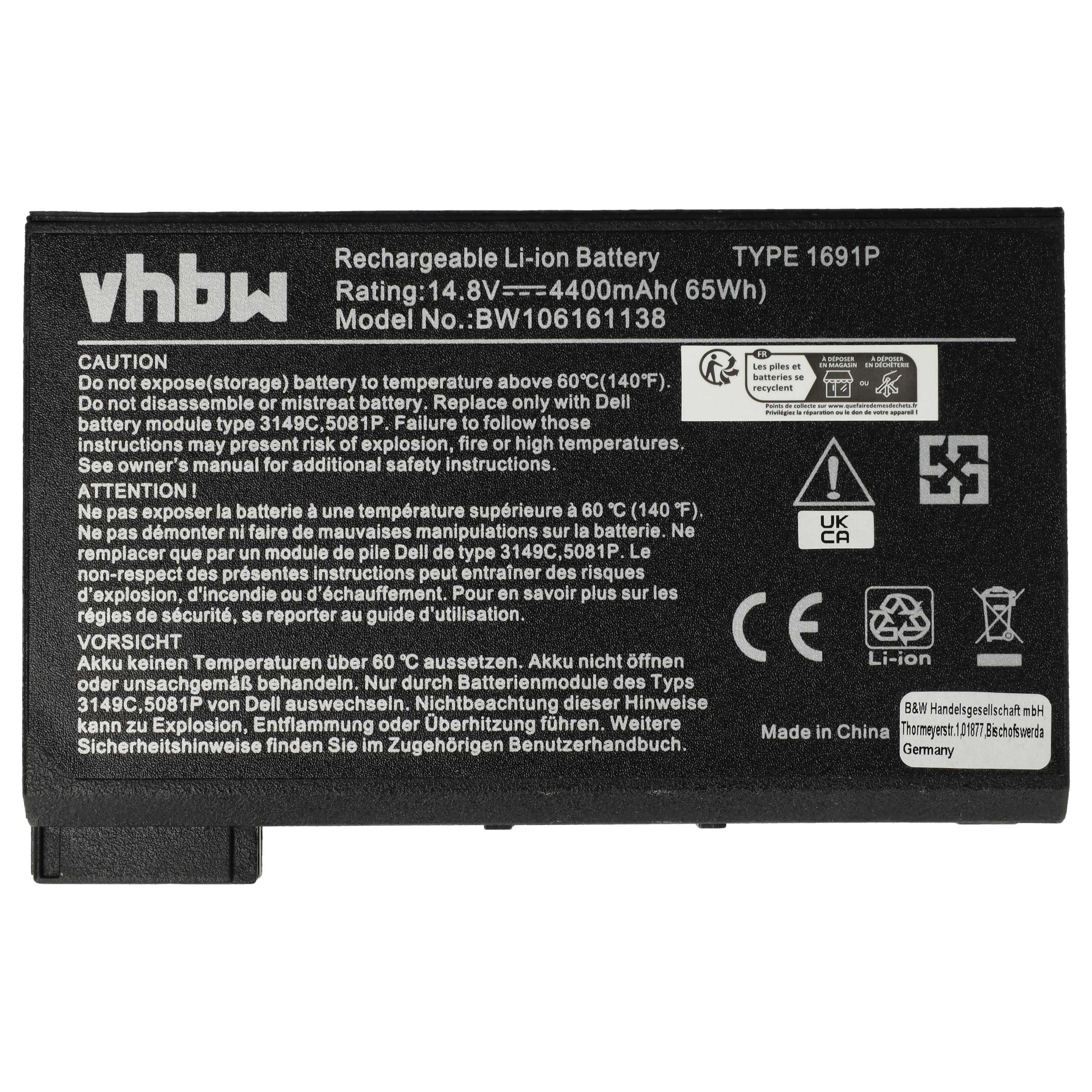 Batteria sostituisce Dell 1691P, 312-0009, 312-3250, 312-0028, 3149C per notebook - 4400mAh 14,8V Li-Ion nero