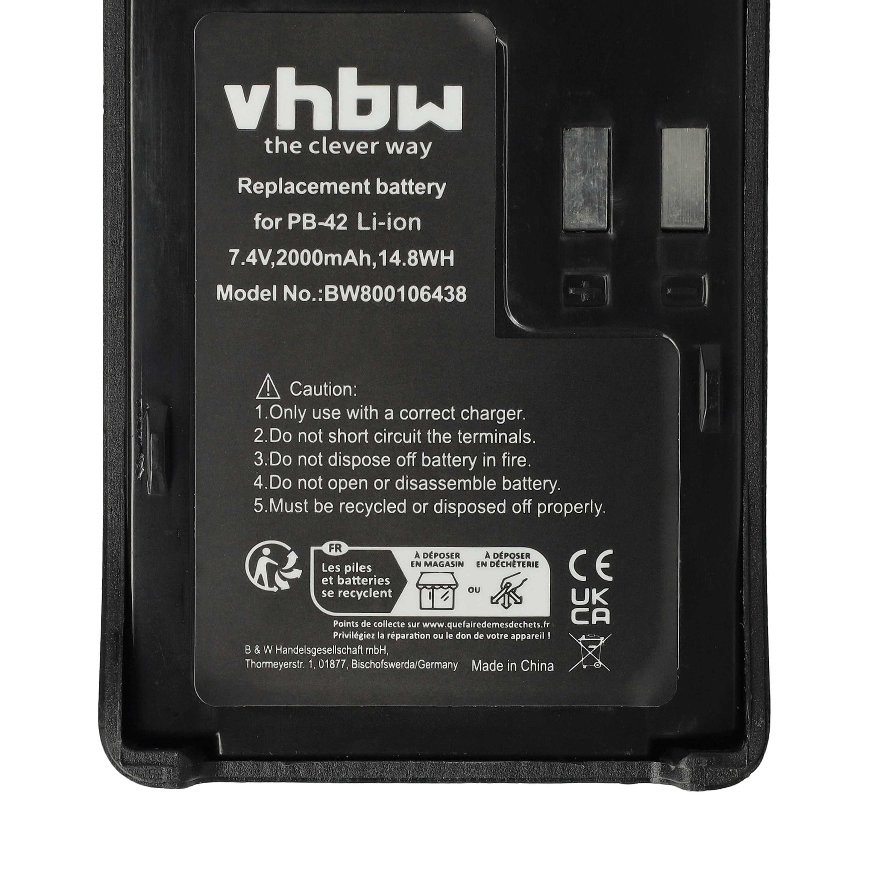 Batería reemplaza Kenwood PB-42Li, PB-42L, PB-42 para radio, walkie-talkie Kenwood - 2000 mAh 7,4 V Li-Ion