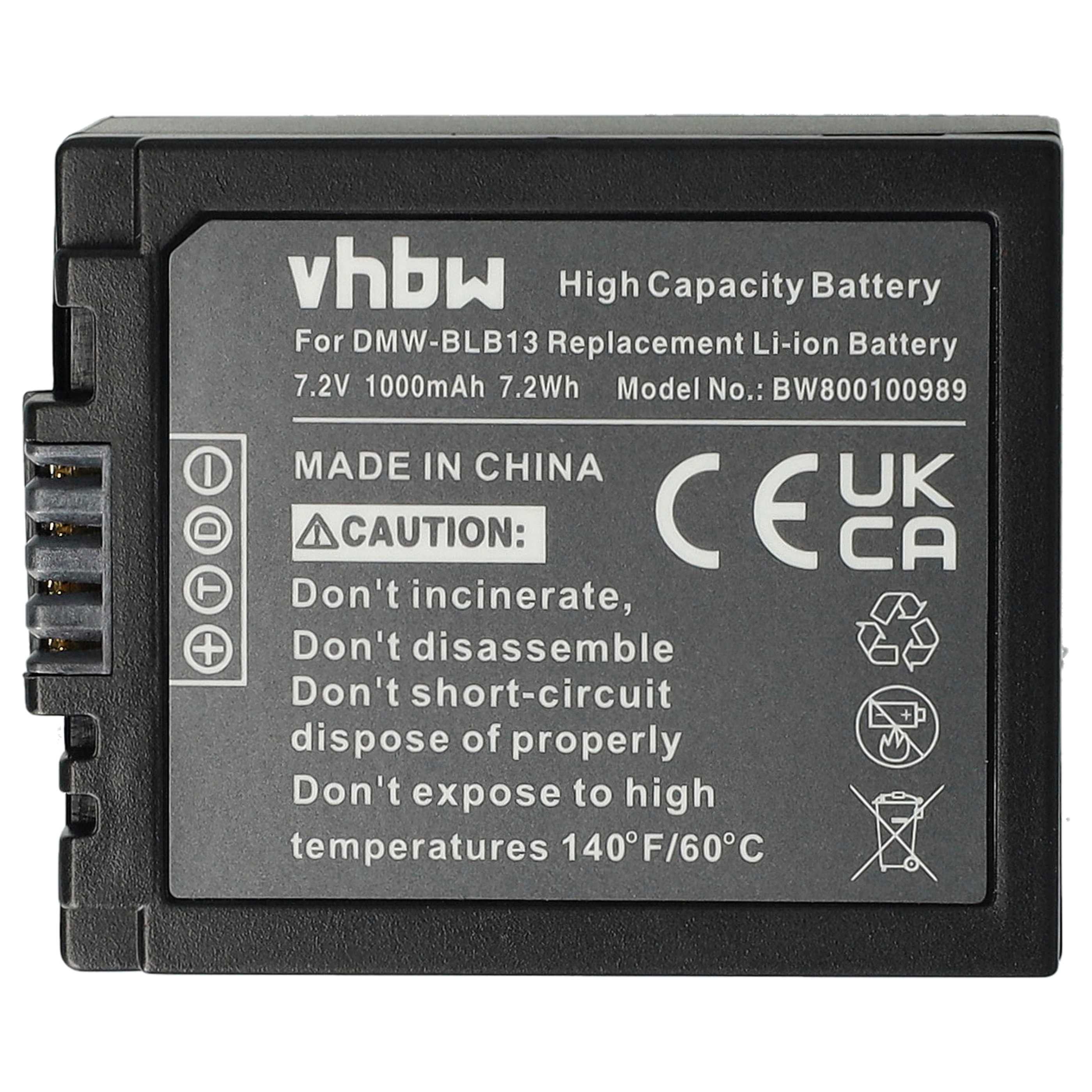 Battery replaces Panasonic DMW-BLB13E, DMW-BLB13 - 1000mAh, 7.2V, Li-Ion