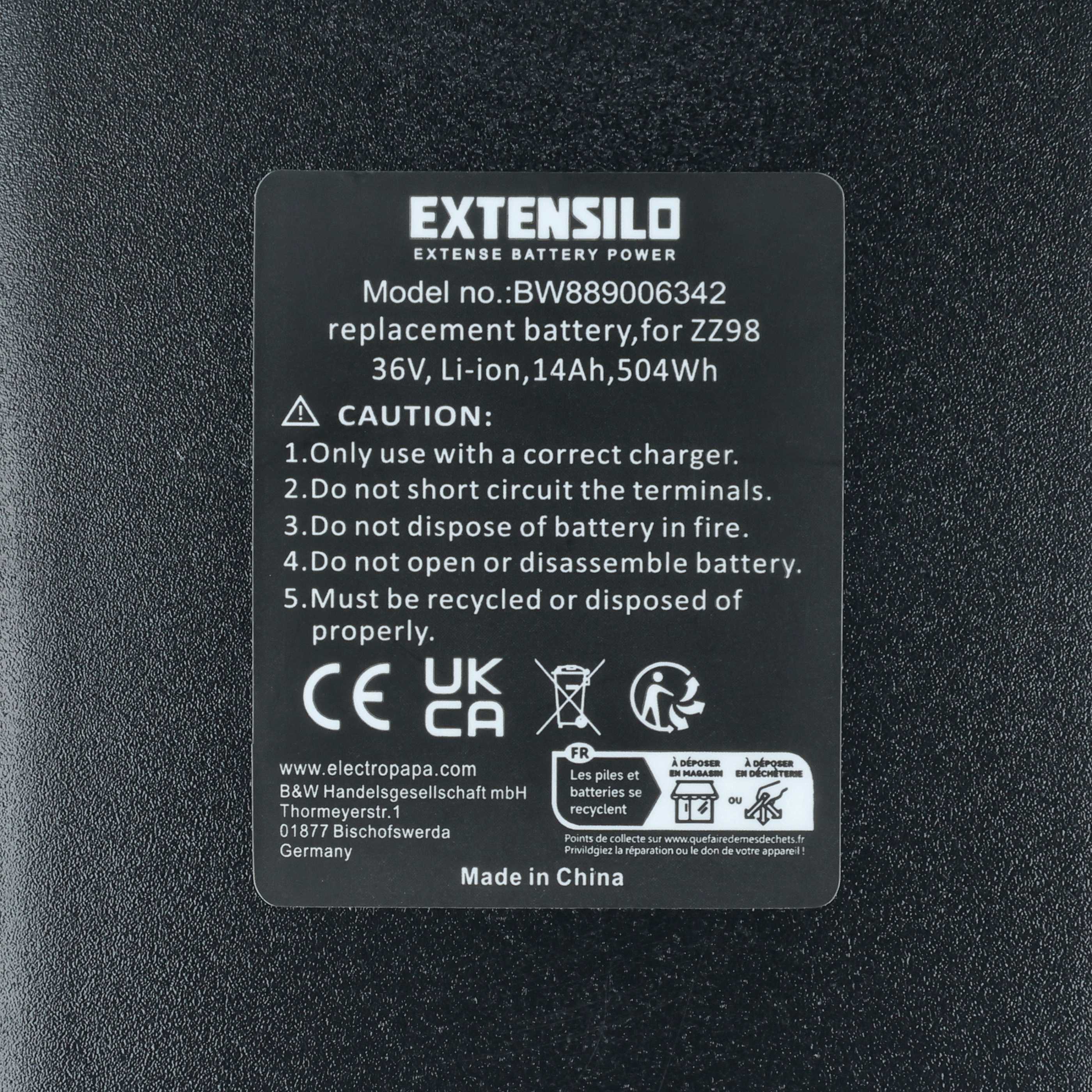 Batteria sostituisce Downtube ZZ98, ZZ9810 per e-bike - 14Ah 36V Li-Ion nero