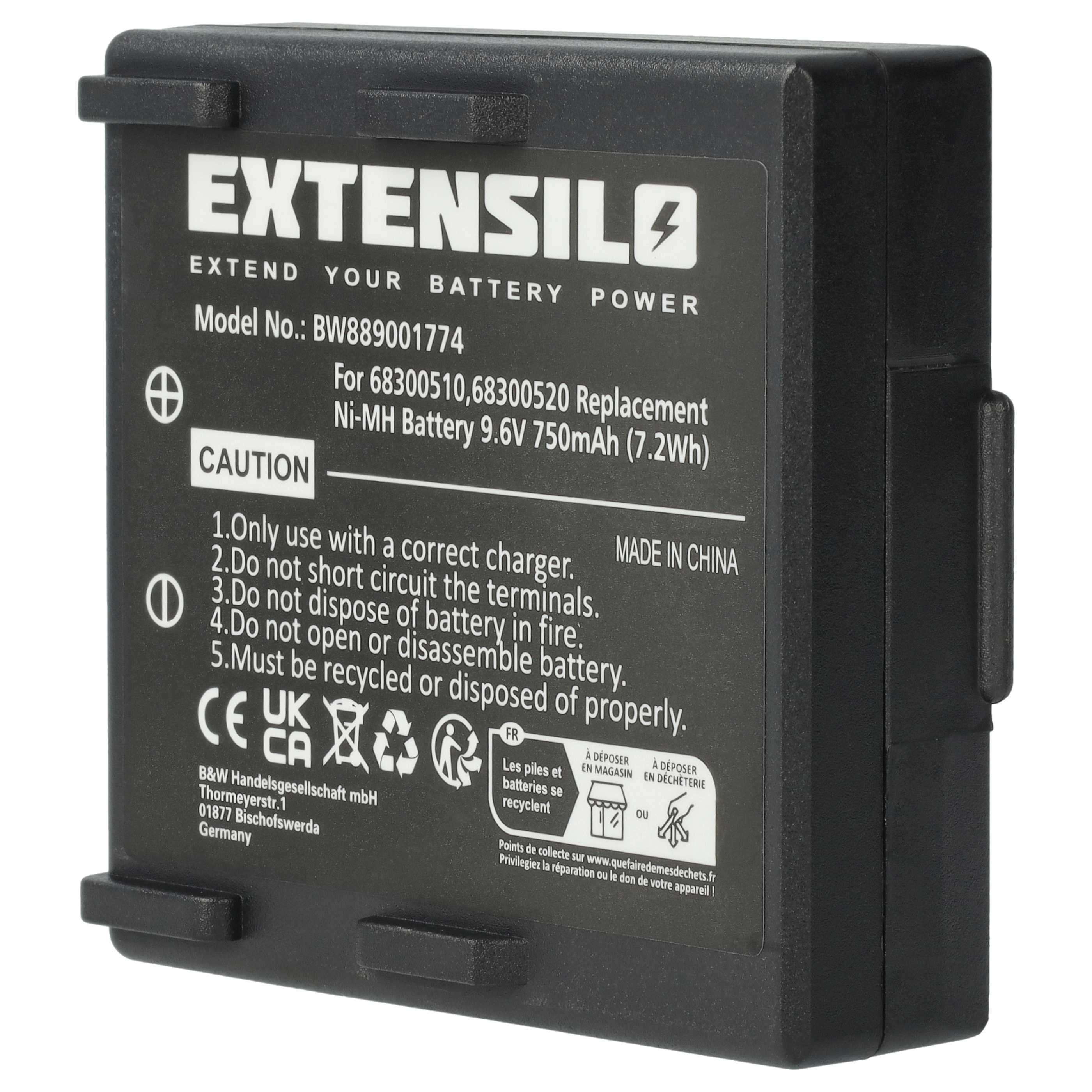 Batterie (2 pièces) remplace Abitron 68300510, 68300520, 68300525, 68300530, HE520, HT-02 - 750mAh 9,6V NiMH