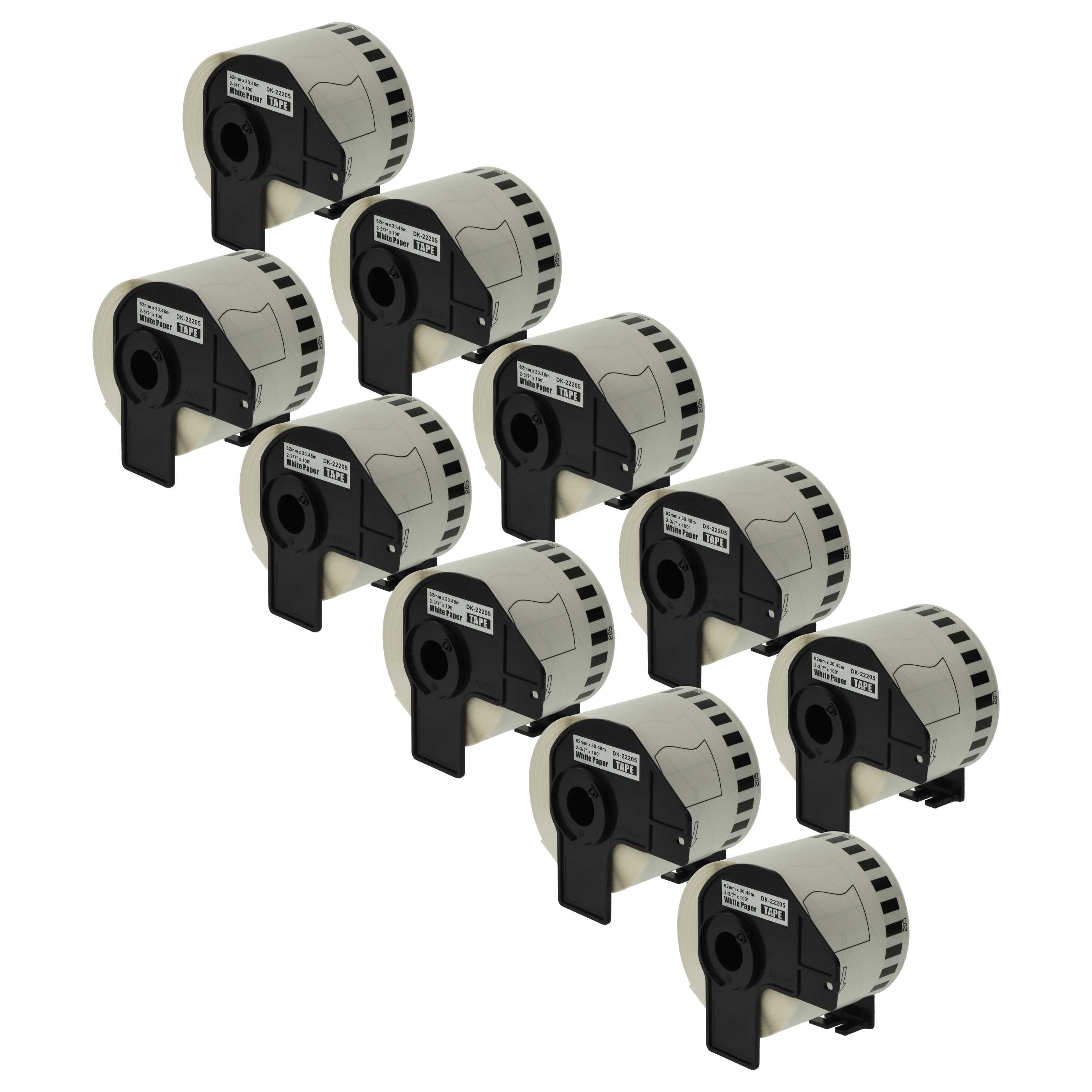 10x Etiketten als Ersatz für Brother DK-22205 für Brother Etikettendrucker - Premium 62mm x 30,48m + Halter