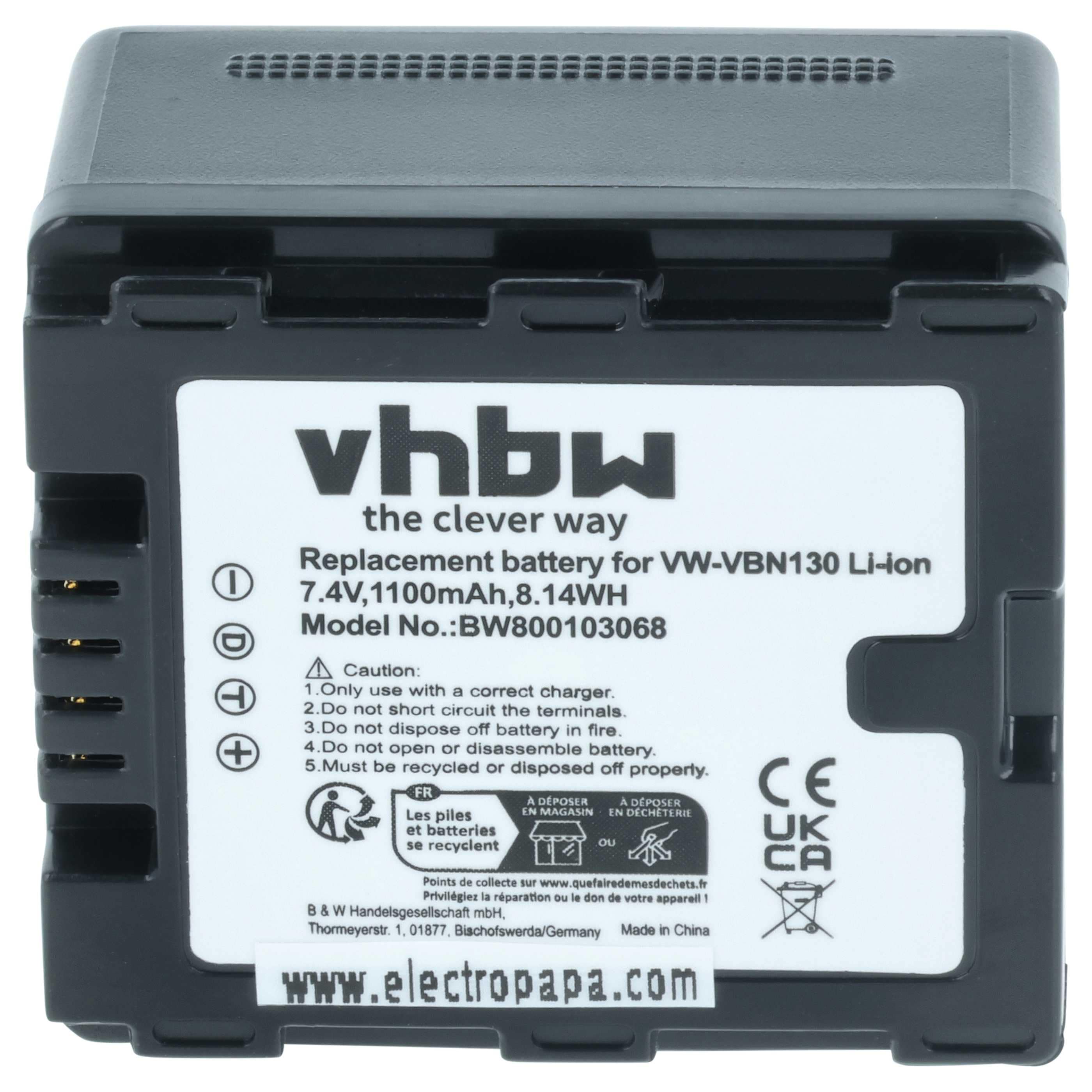 Videocamera Battery replaces Panasonic VW-VBN130, VW-VBN130E, VW-VBN130E-K, VW-VBN260 - 1100 mAh 7.2 V Li-Ion