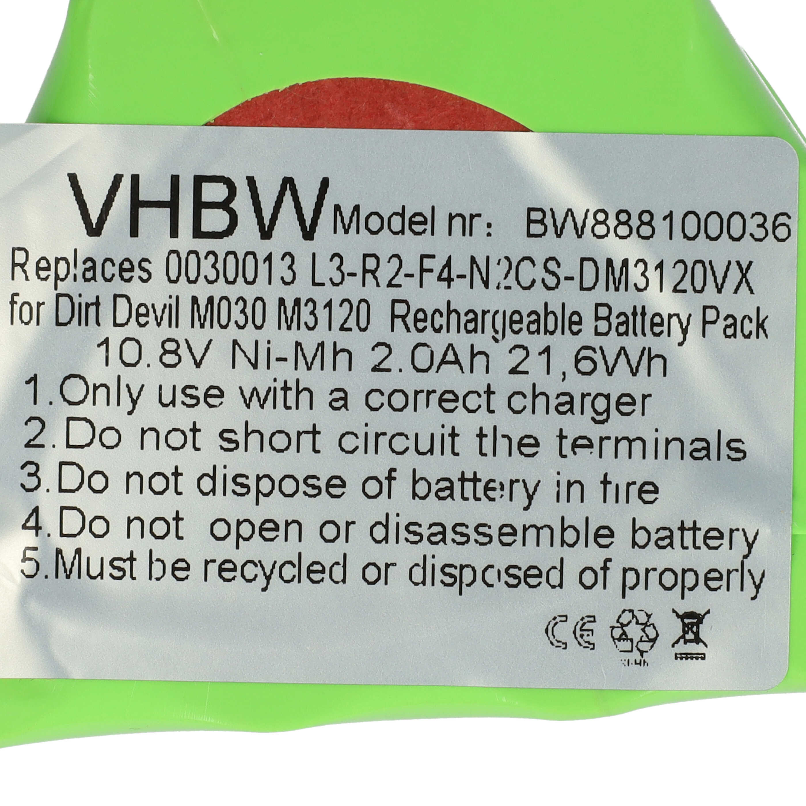 Batterie remplace Dirt Devil 0030013, L3-R2-F4-N2 pour aspirateur - 2000mAh 10,8V NiMH
