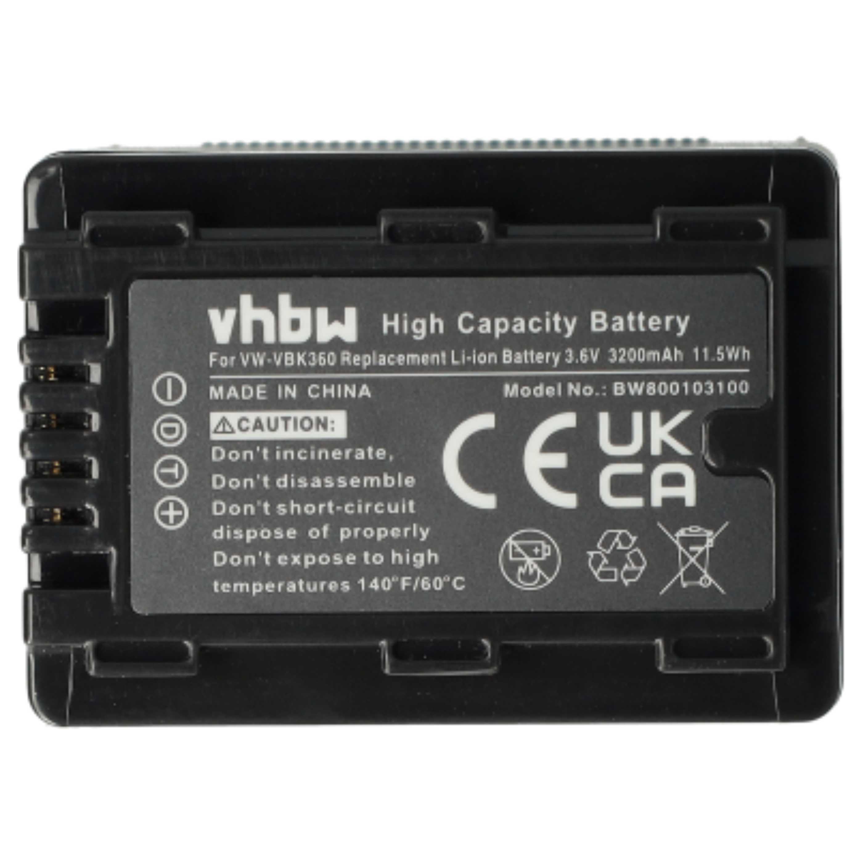 Videocamera 2x Battery replaces Panasonic VW-VBK180, VW-VBK180-K, VW-VBK360 - 3200 mAh 3.6 V Li-Ion