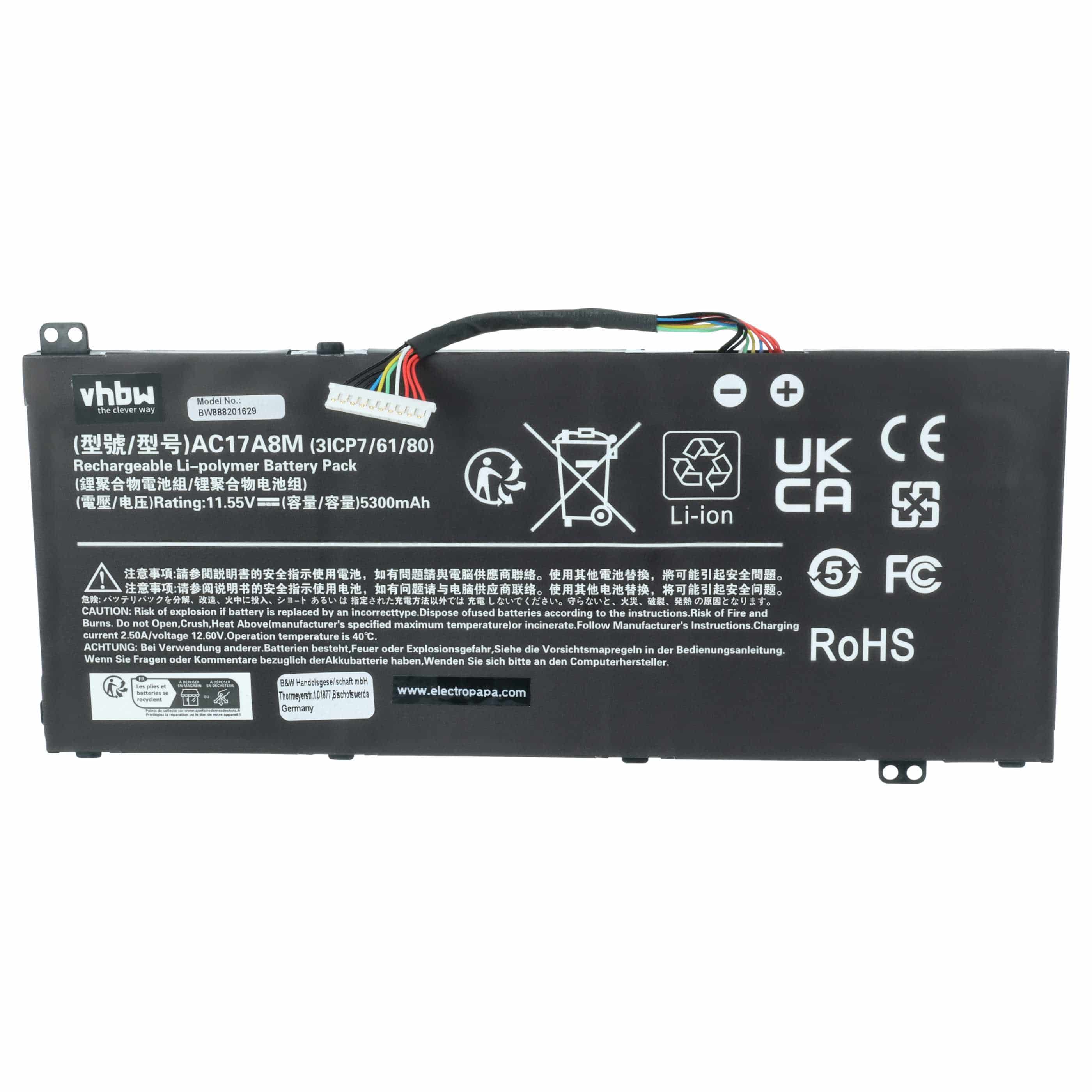 Akumulator do laptopa zamiennik Acer 3ICP7/61/80, AC17A8M - 5300 mAh 11,55 V Li-Ion, czarny