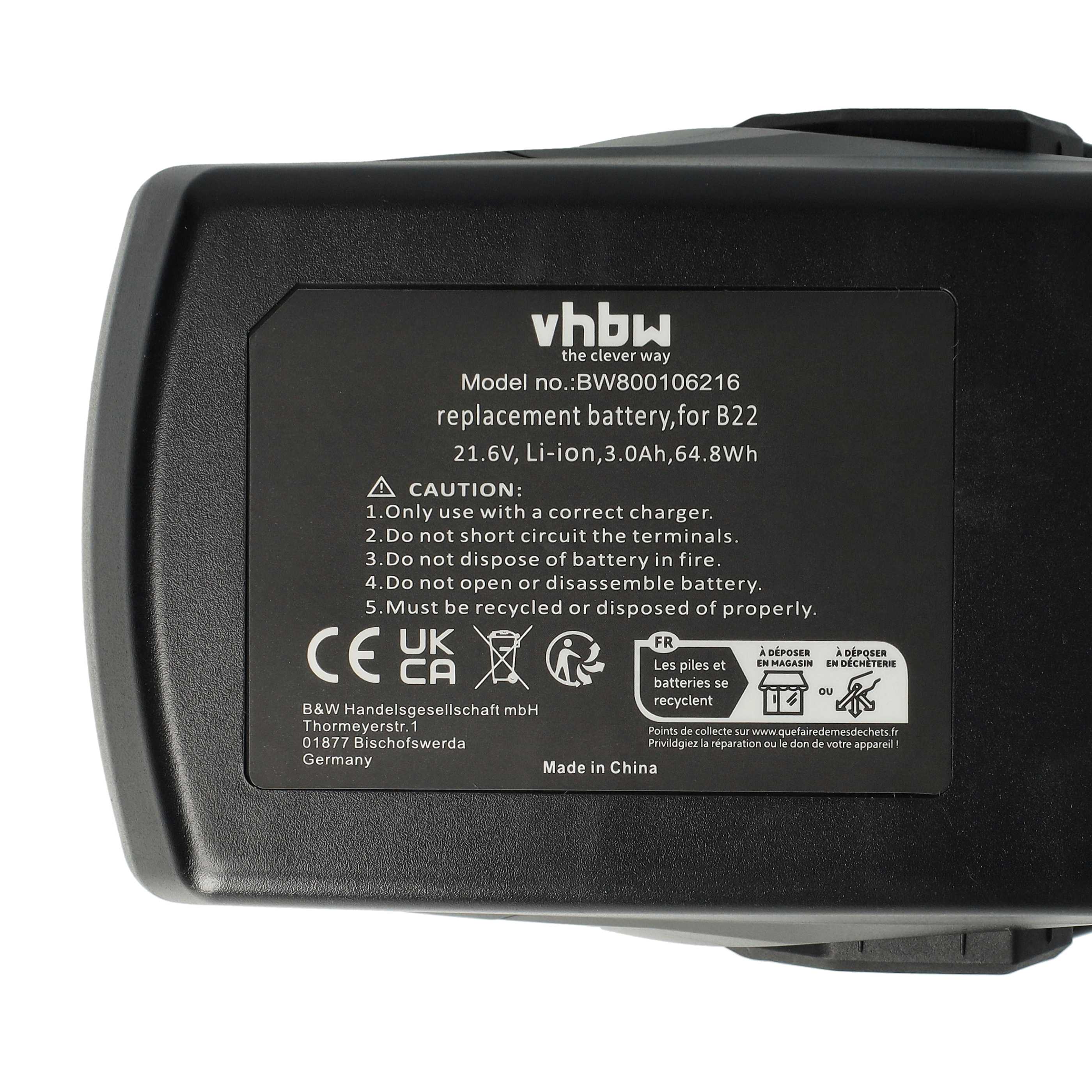 Battery replaces Hilti 2018498, 2136393, 2136395, 2183185 Electric Power Tool - 3000 mAh, 21.6 V, Li-Ion