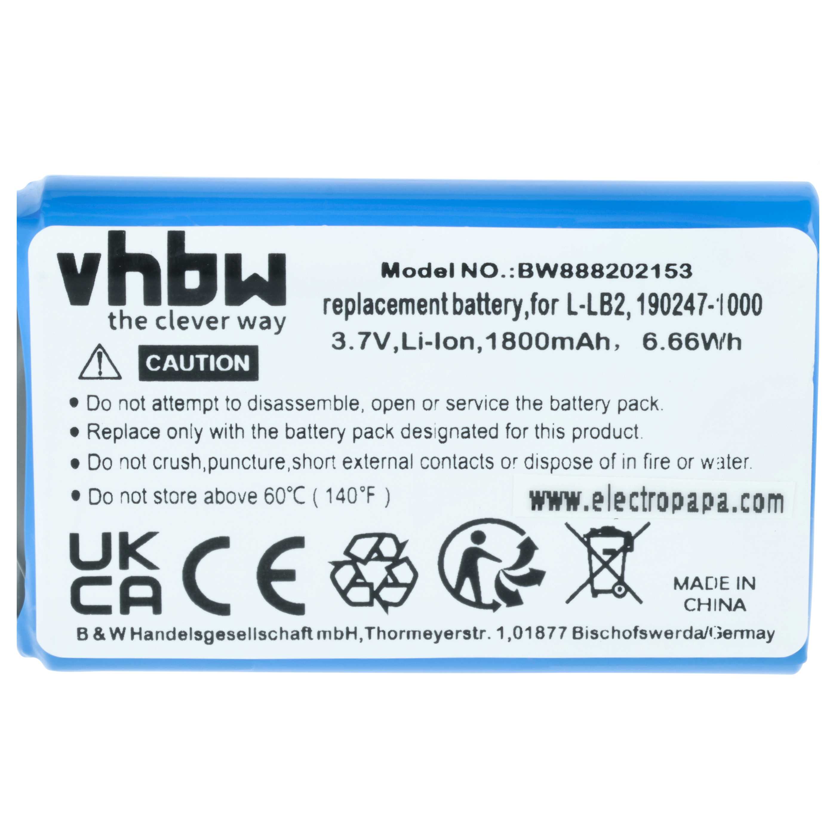 Batería reemplaza Logitech 190247-1000, L-LB2 para ratón inalámbrico (1800 mAh, 3,7 V, Li-Ion)
