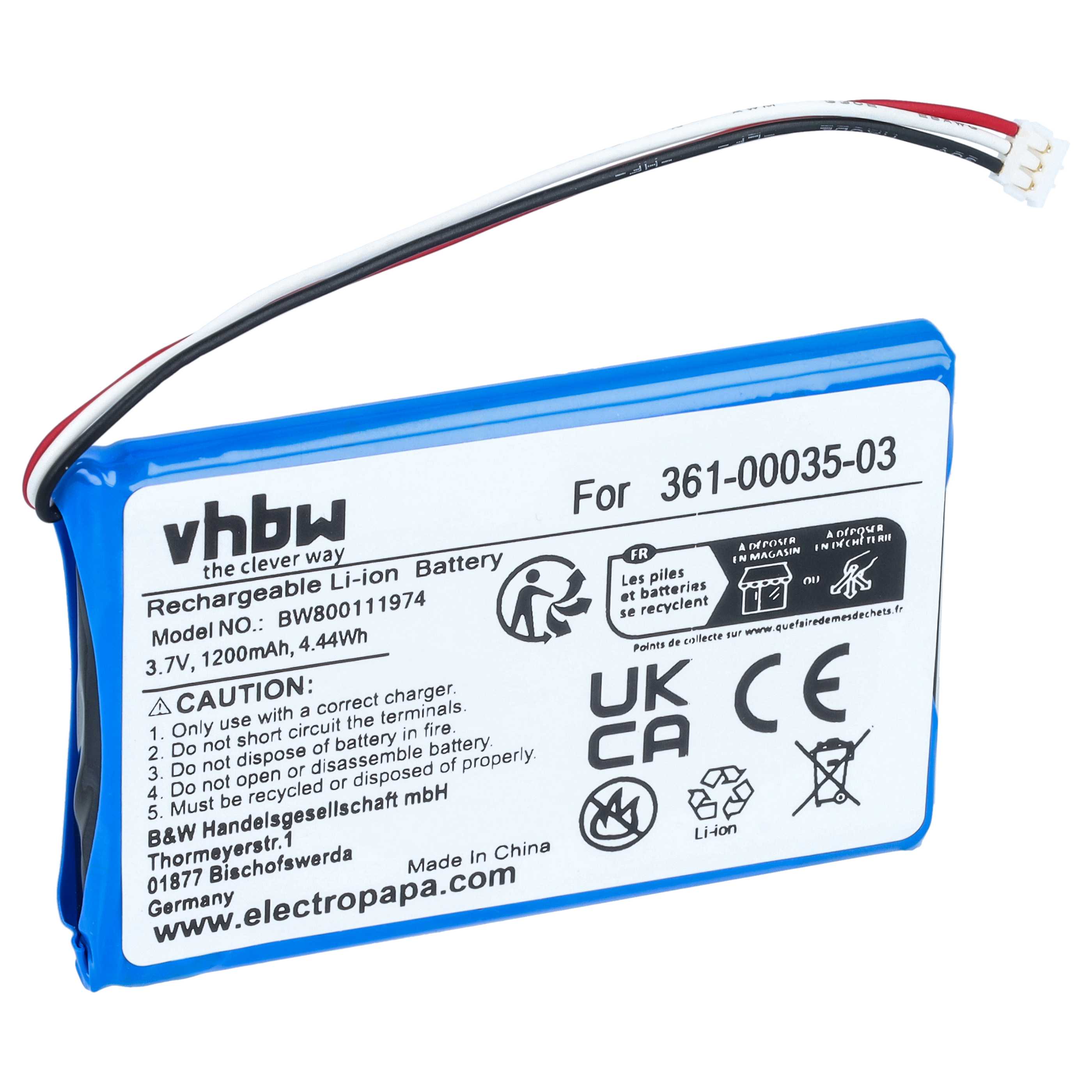 GPS Battery replaces Garmin 361-00035-03, AI32AI32FA14Y, 361-00035-00, KE37BE49D0DX3 - 1200mAh, 3.7V