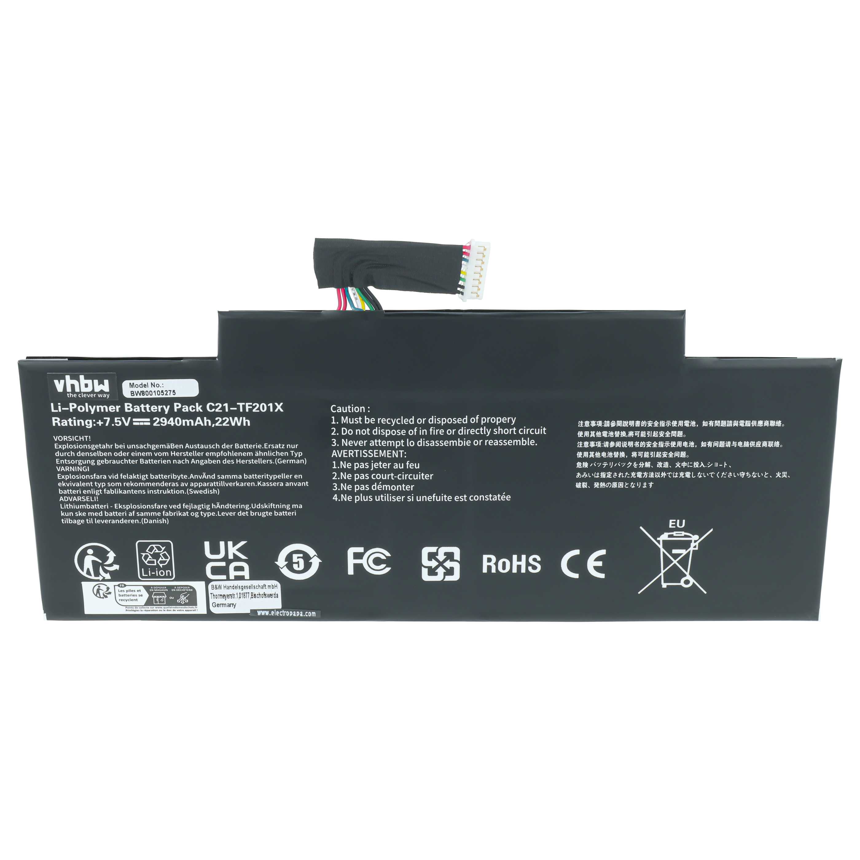 Batteria per tablet sostituisce Asus C21-TF201X - 2900mAh 7,5V Li-Poly