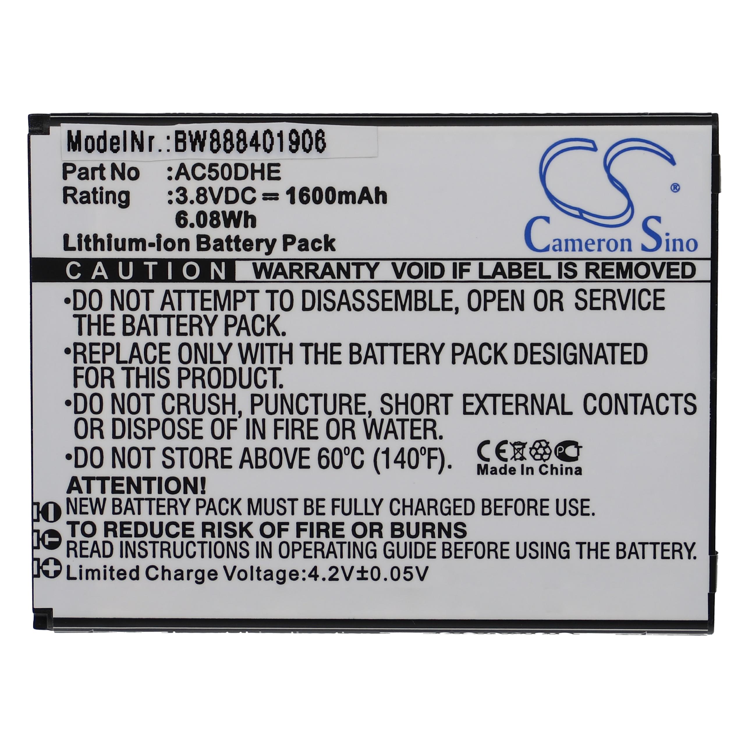 Batterie remplace Archos AC50DHE pour téléphone portable - 1600mAh, 3,8V, Li-ion