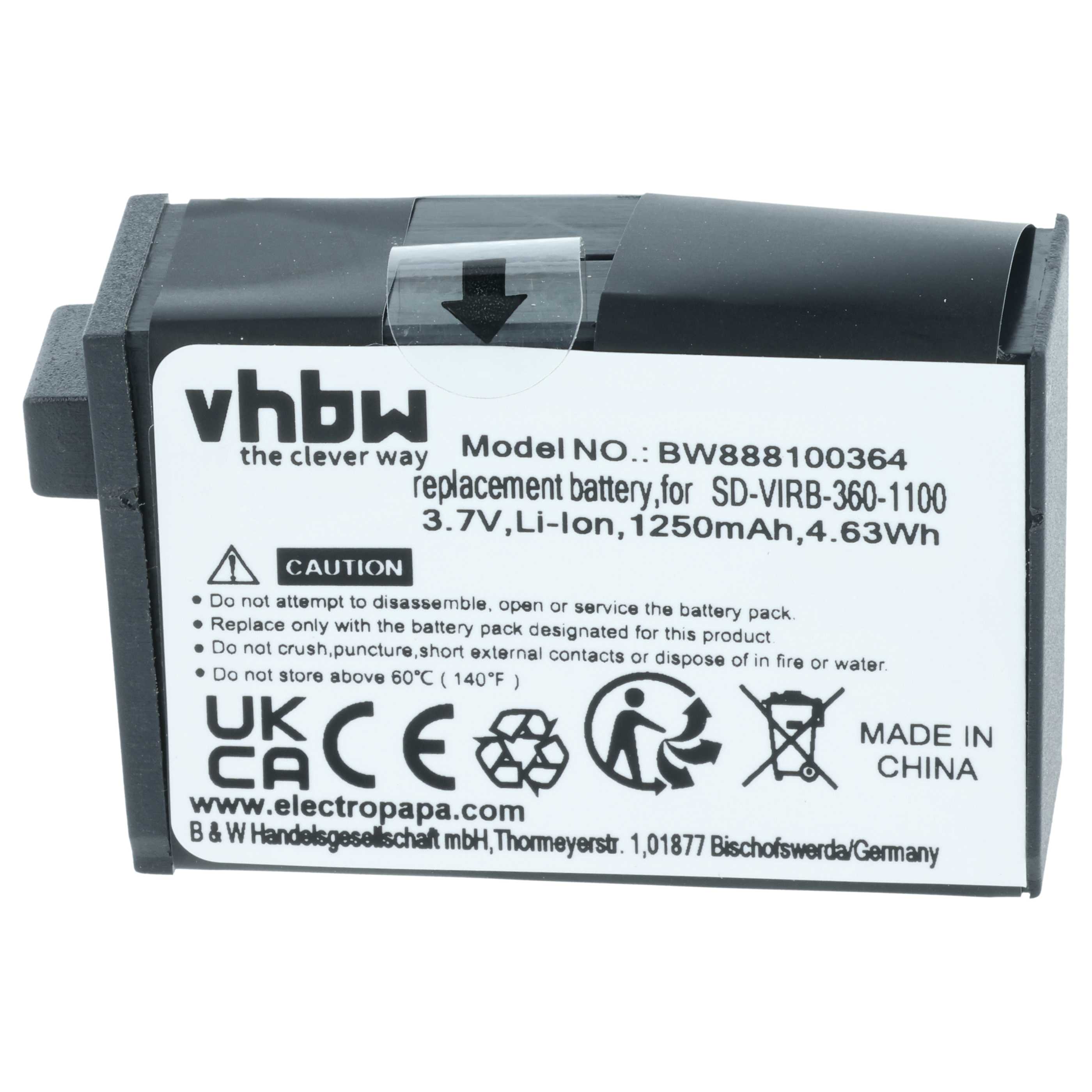 Videocamera Battery replaces Garmin 010-12521-40, 360-00106-00 - 1250 mAh 3.8 V Li-Ion