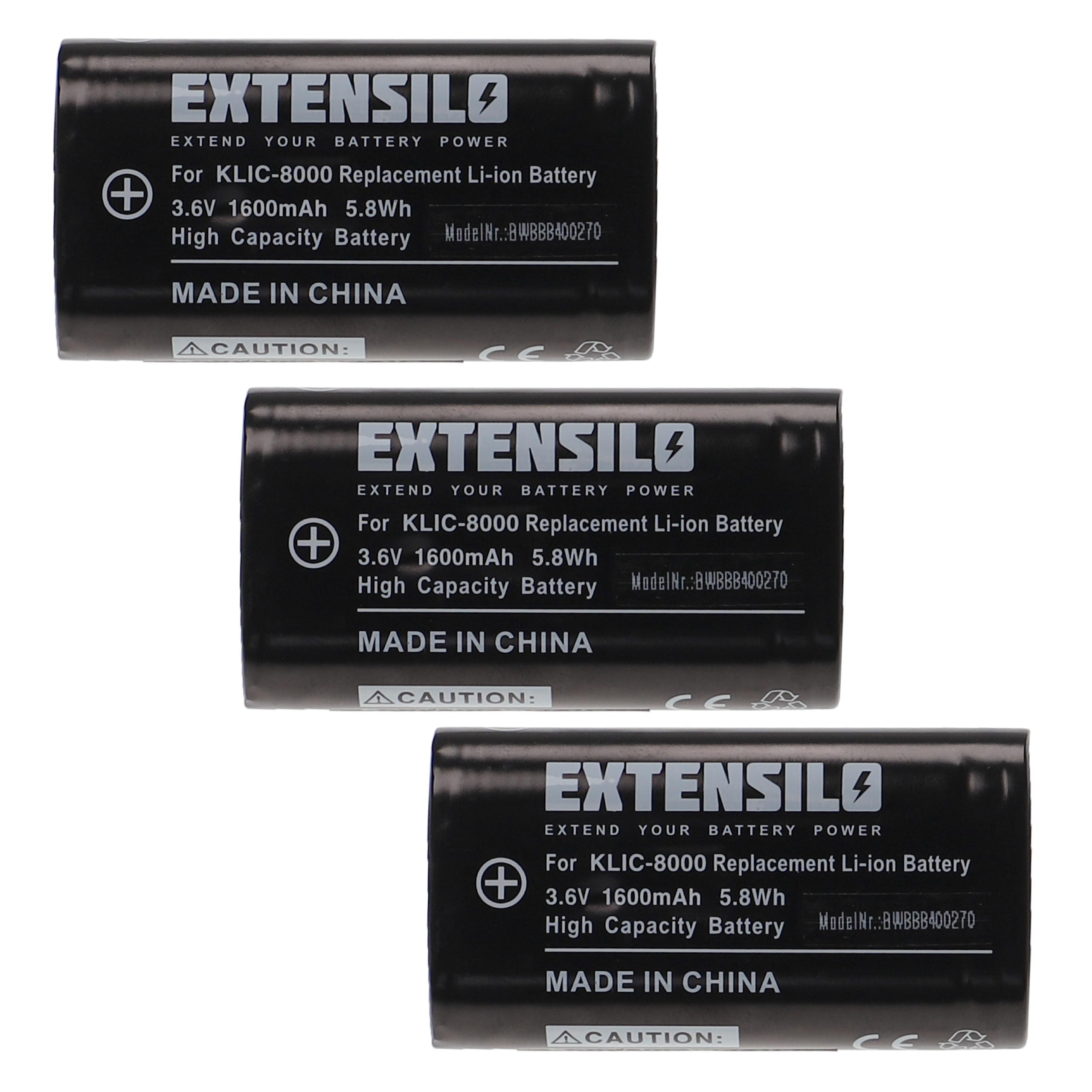 3x Battery replaces Kodak RB50, Klic-8000 - 1600mAh, 3.6V, Li-Ion