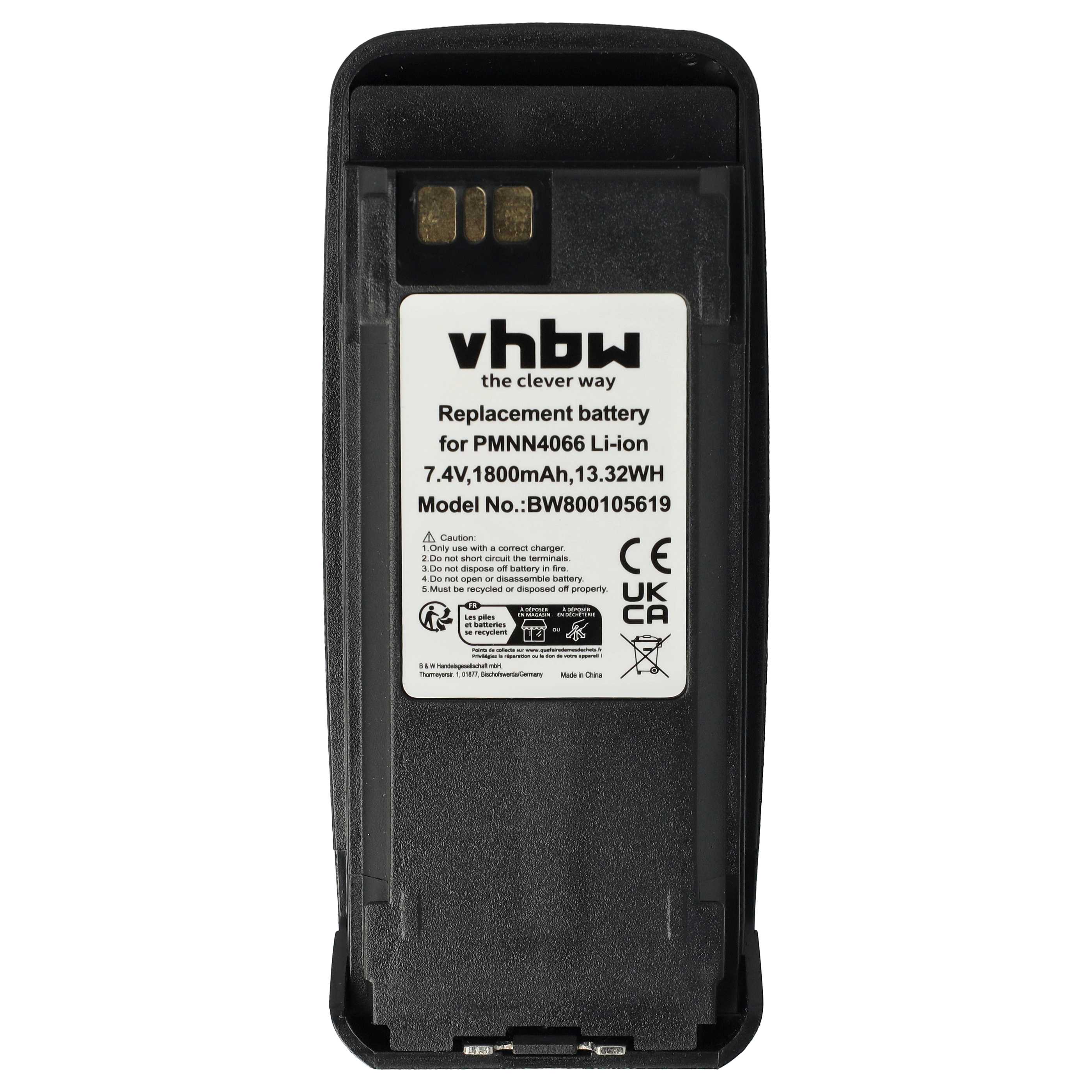 Radio Battery replaces Motorola NNTN4066, PMNN4065, NNTN4077, NNTN4103 - 1800 mAh 7.4 V Li-Ion + Belt Clip
