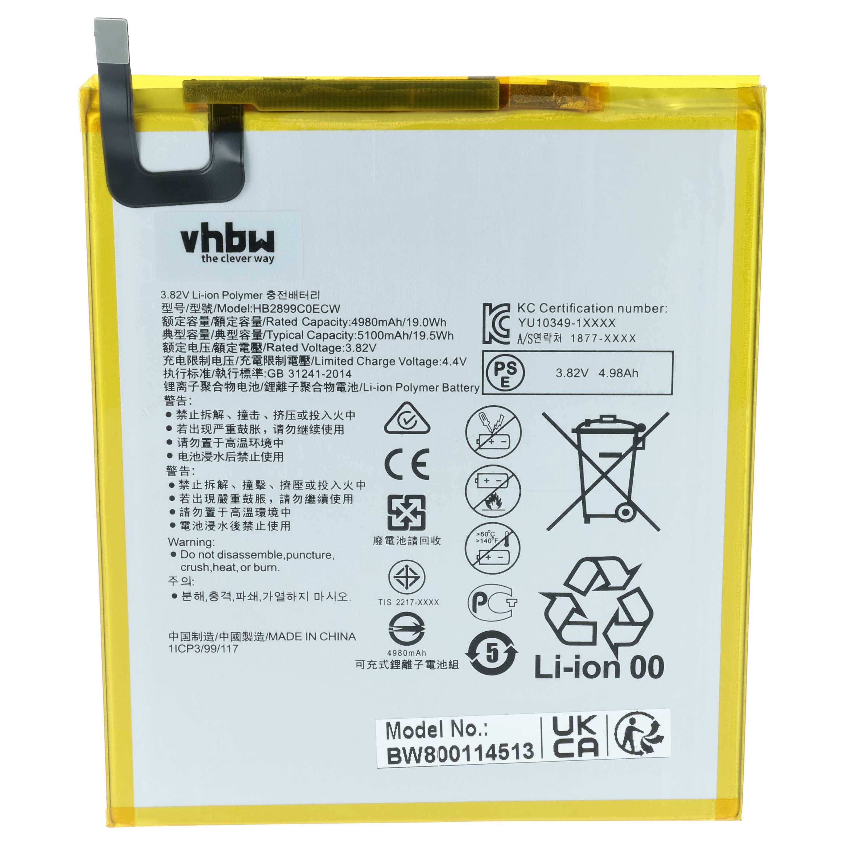 Tablet Battery replaces Huawei HB2899C0ECW - 5100 mAh 3.82 V Li-polymer