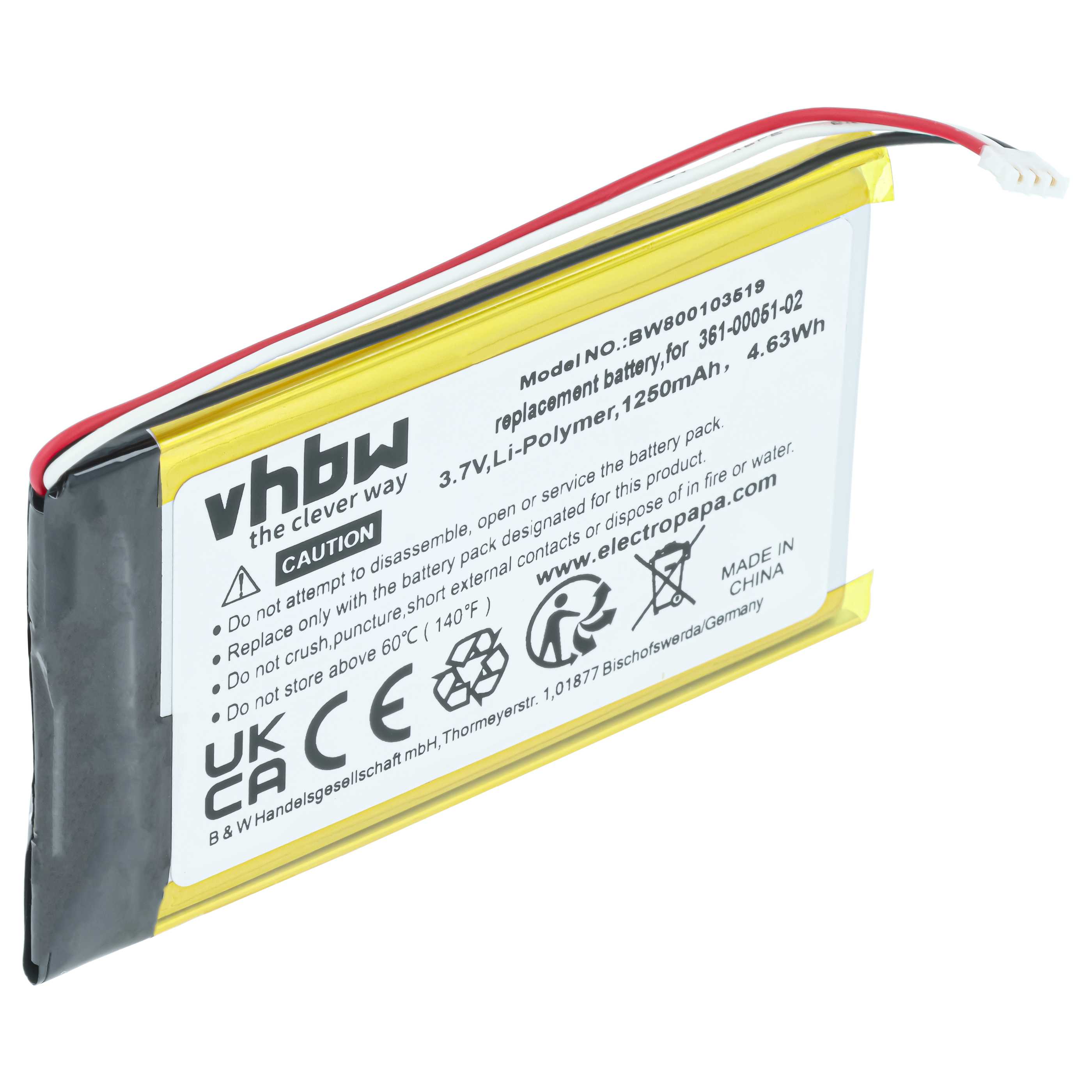 Batteria sostituisce Garmin 361-00051-02, 361-00051-01, 361-00051-00 per navigatore - 1250mAh 3,7V Li-Poly