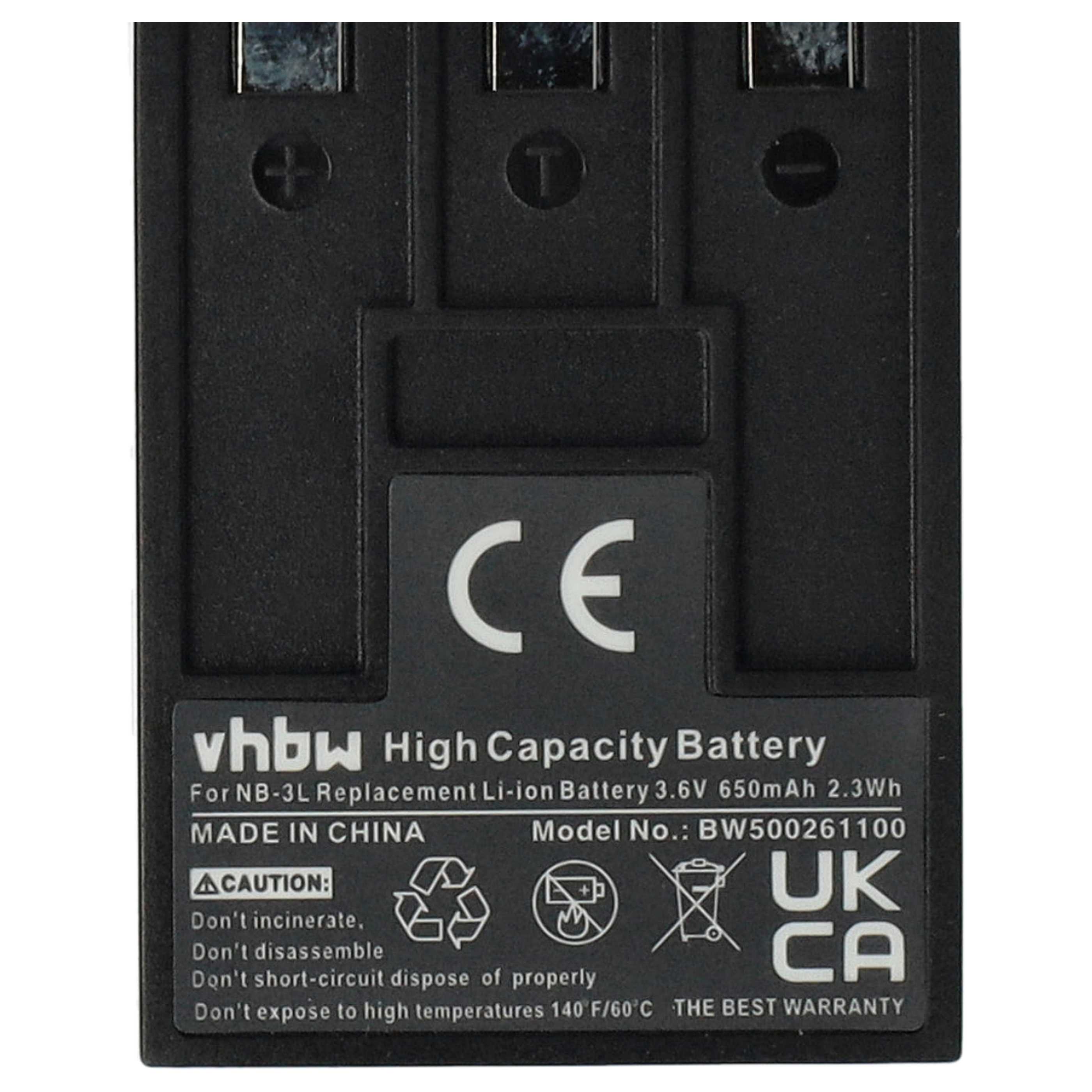 3x Battery replaces Canon NB-3L - 650mAh, 3.6V, Li-Ion