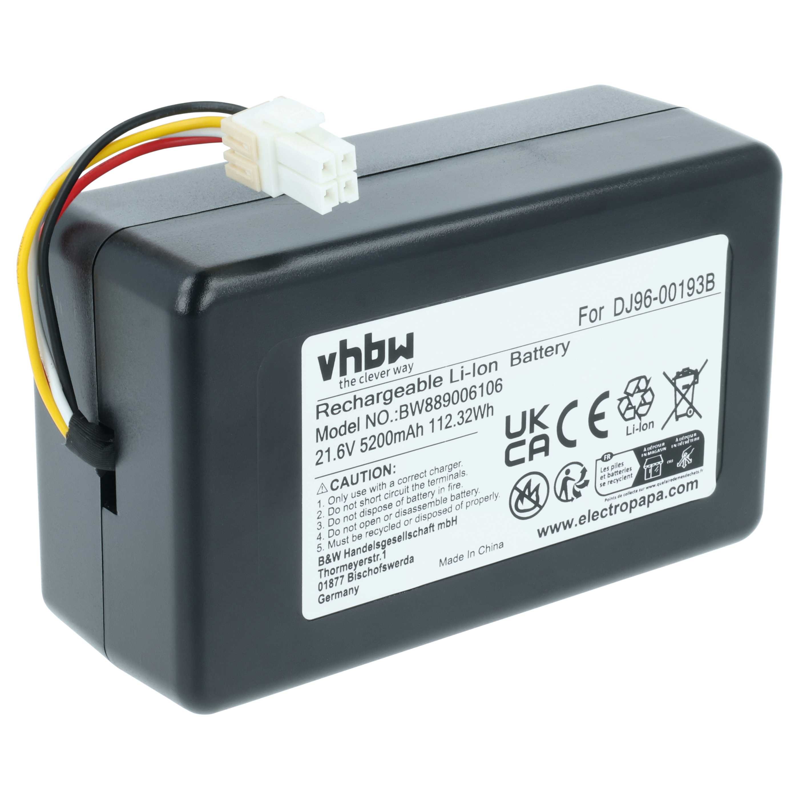 Battery replaces Samsung DJ96-00193F, DJ96-00193B, DJ68-00741V-00, VCA-RBT72 for Samsung 5200mAh, 21.6V, Li-Ion