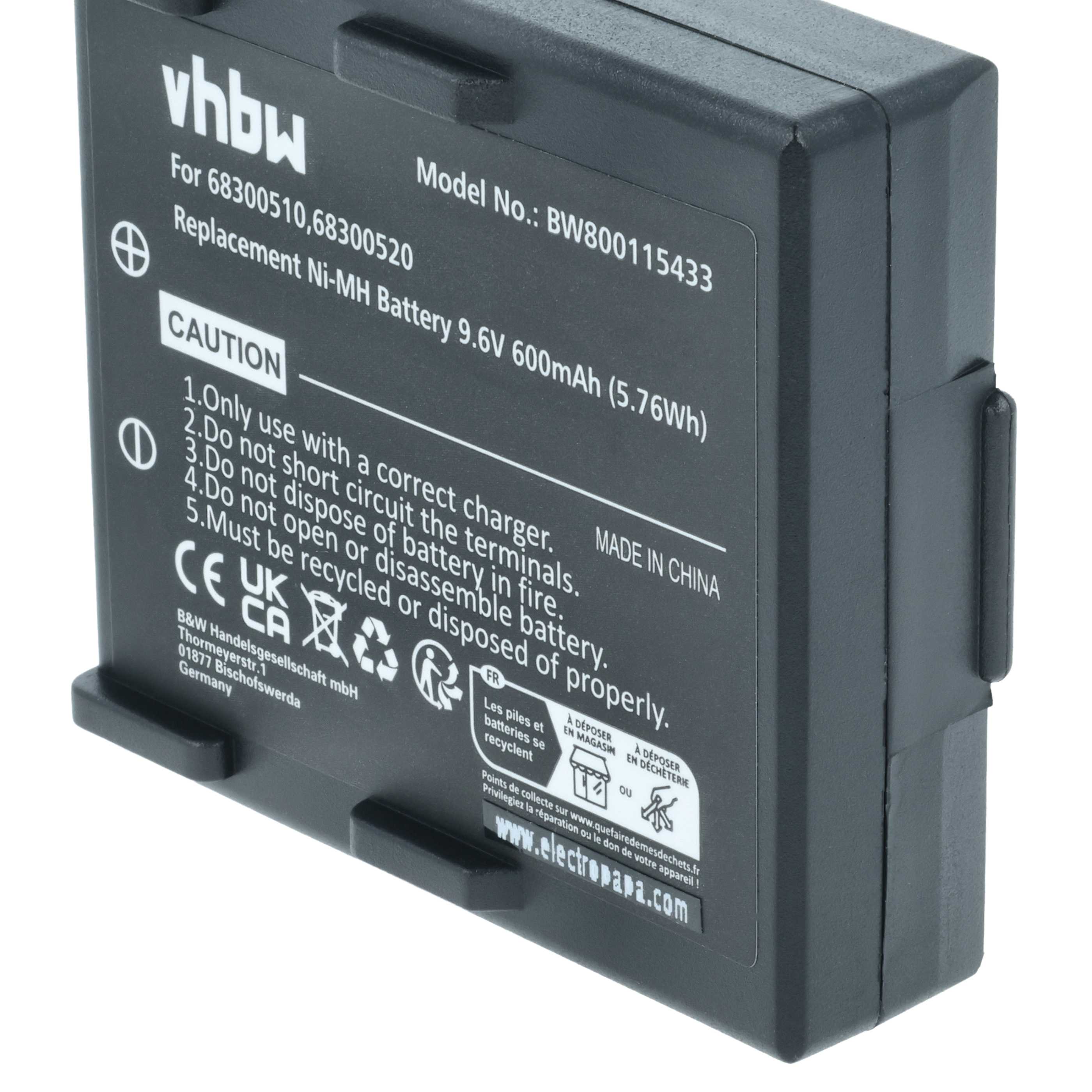 Batería reemplaza Abitron 68300510, 68300520, 68300525, 68300530, HE520 sistema control - 600mAh 9,6V NiMH