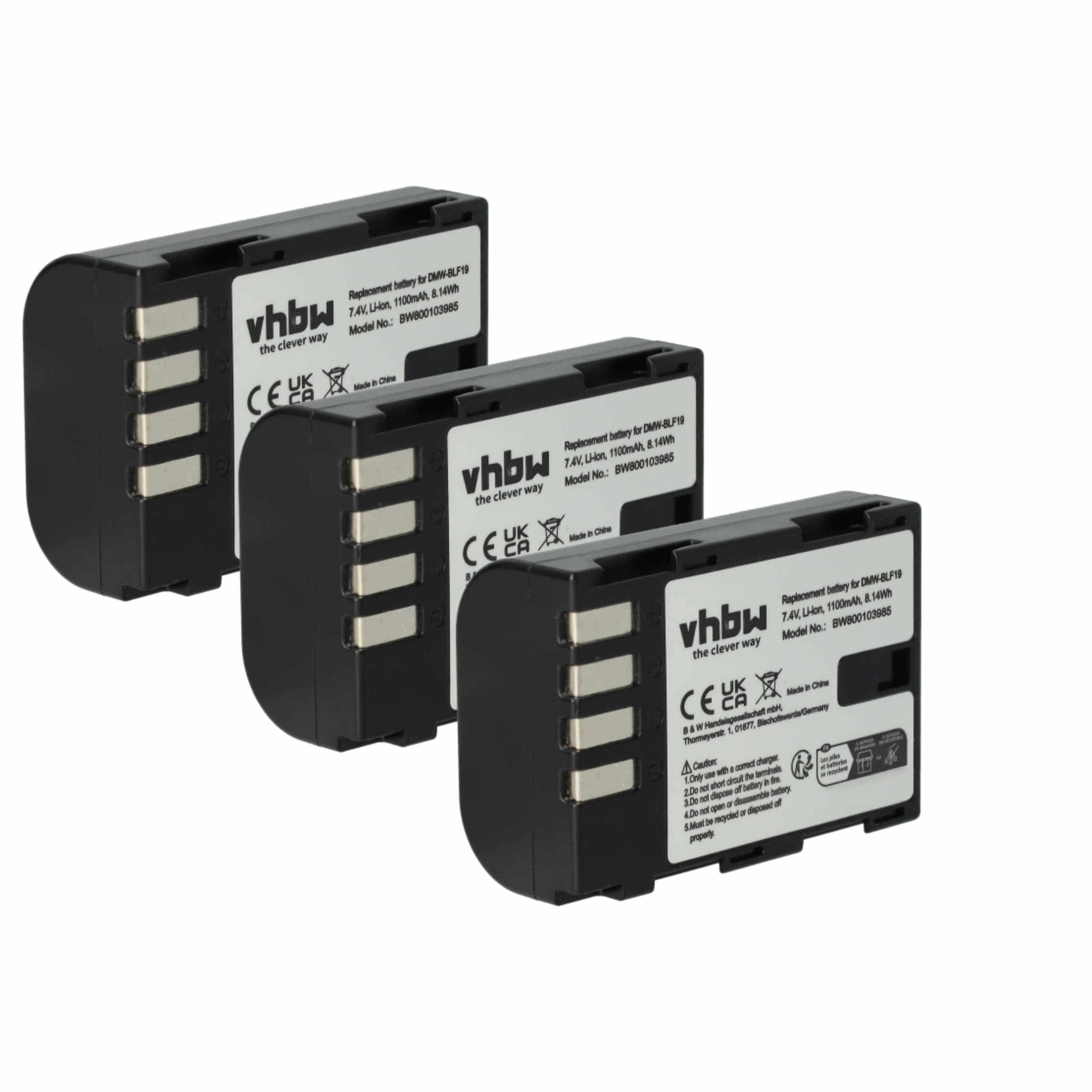 3x Battery replaces Panasonic DMW-BLF19E, DMW-BLF19 - 1100mAh, 7.2V, Li-Ion