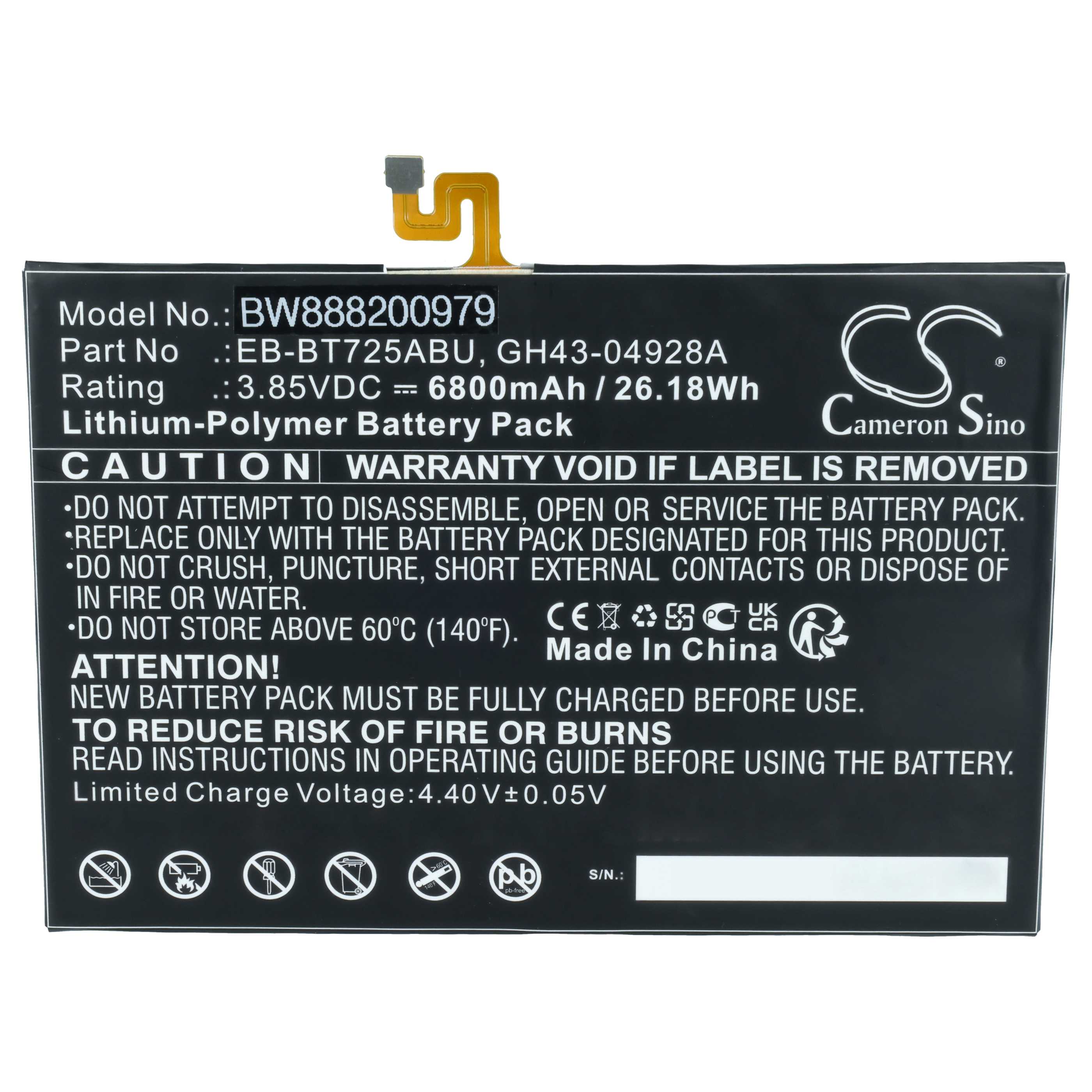 Tablet Battery replaces Samsung EB-BT725ABU, GH43-04928A - 6800 mAh 3.85 V Li-polymer
