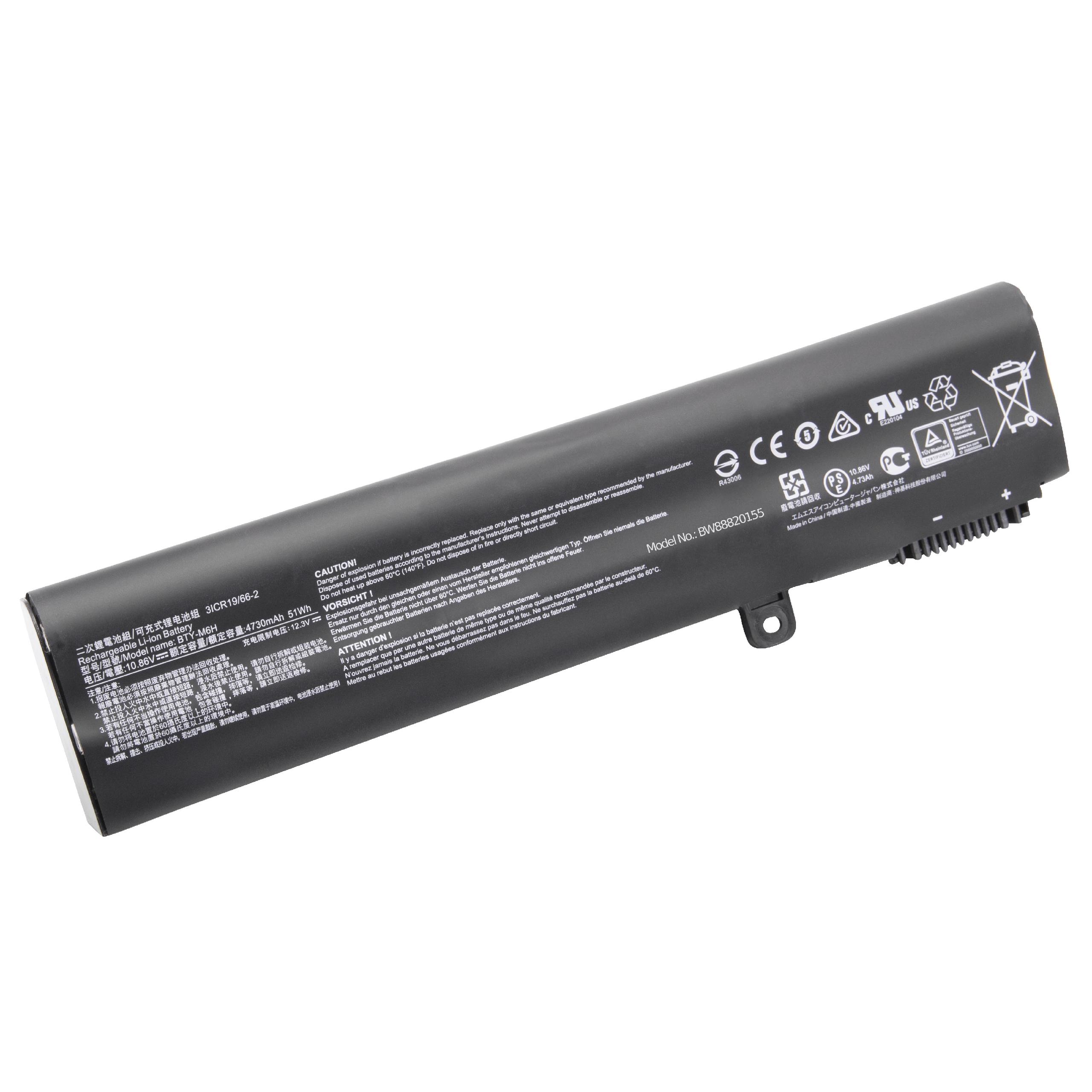 Notebook Battery Replacement for MSI 3ICR19/66-2, BTY-M6H, 3ICR19/65-2 - 4730mAh 10.86V Li-Ion, black