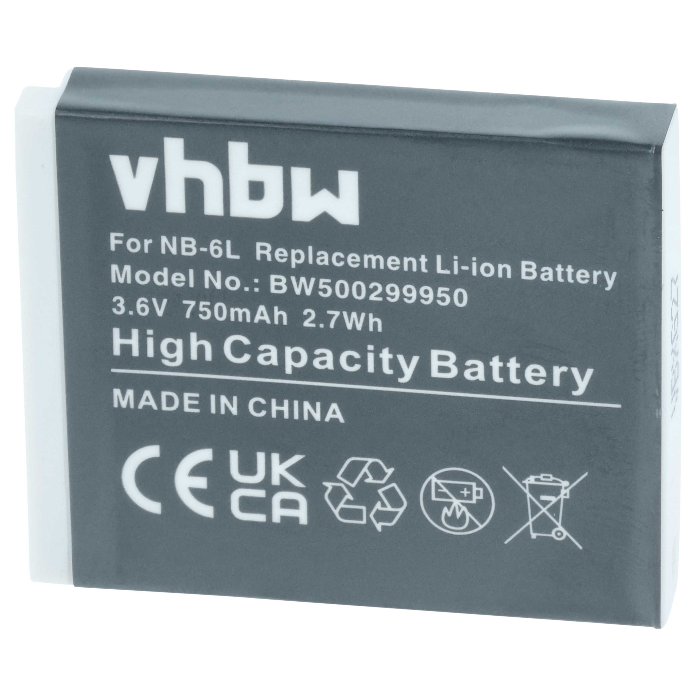 Battery replaces Canon NB-6L, NB-6LH - 750mAh, 3.6V, Li-Ion