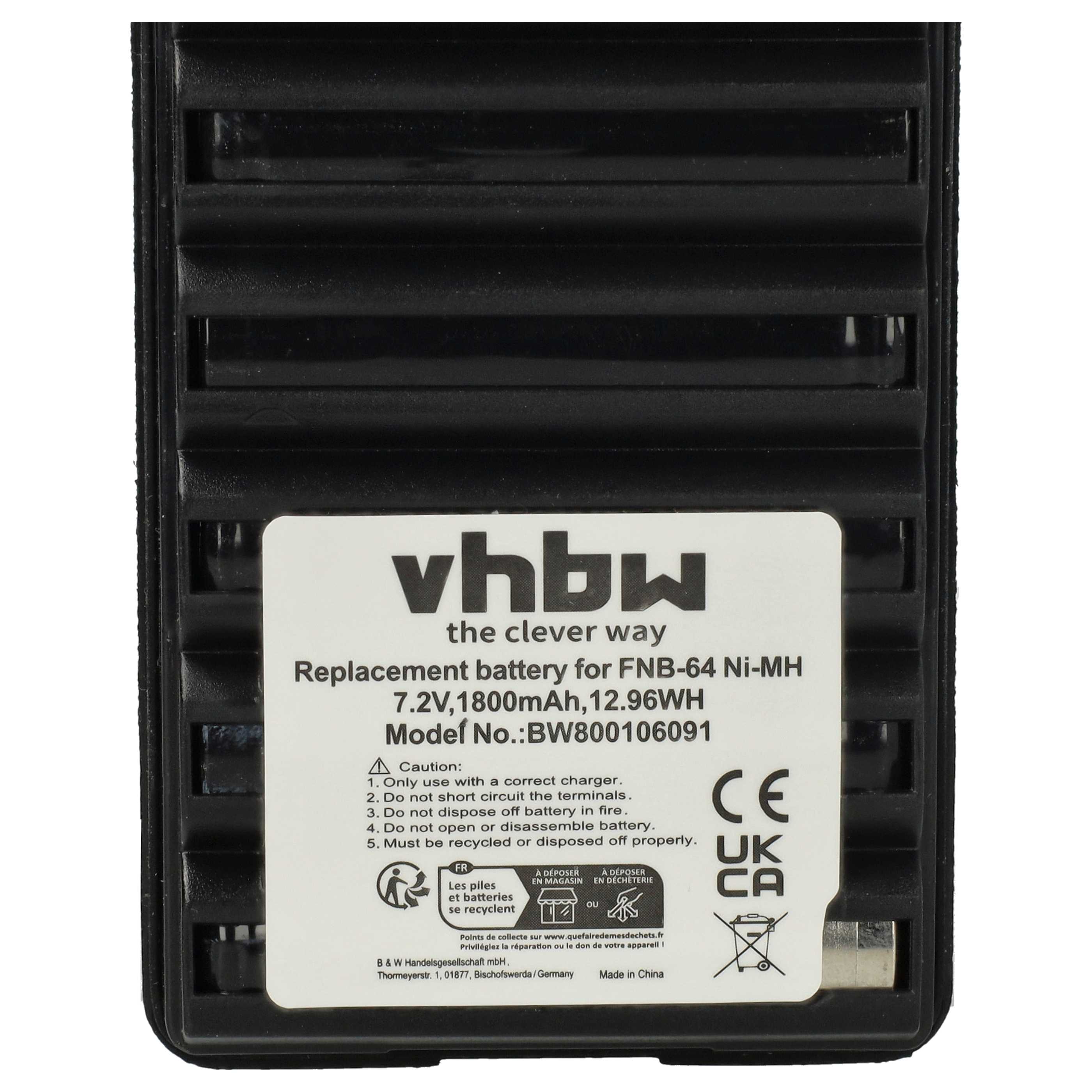 Radio Battery replaces Yaesu Vertex FNB-64H, FNB-57, FNB-64, FNB-83, AAJ66X001, FNB-83H - 1800 mAh 7.2 V NiMH