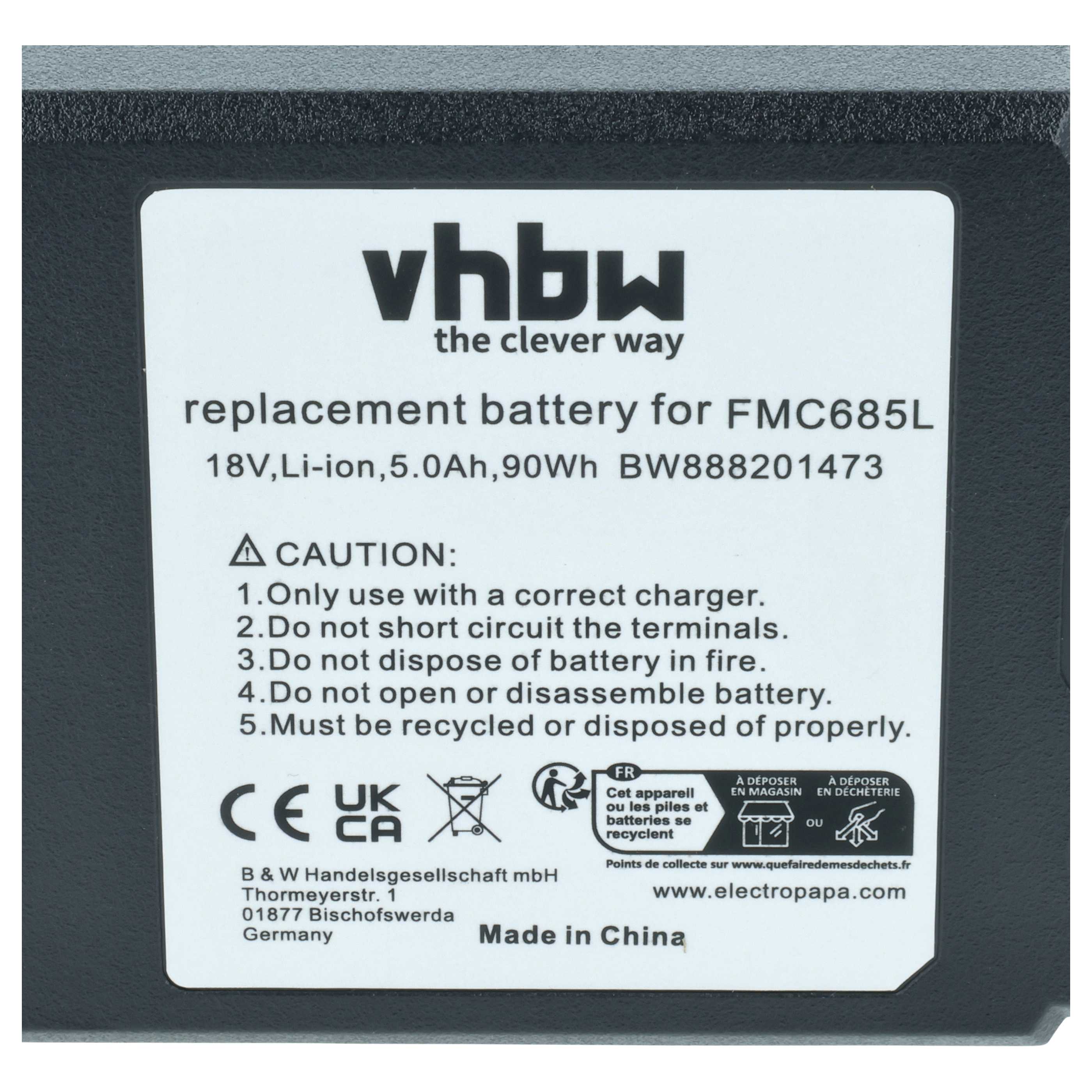 Battery replaces Stanley FMC687L Electric Power Tool - 5000 mAh, 18 V, Li-Ion