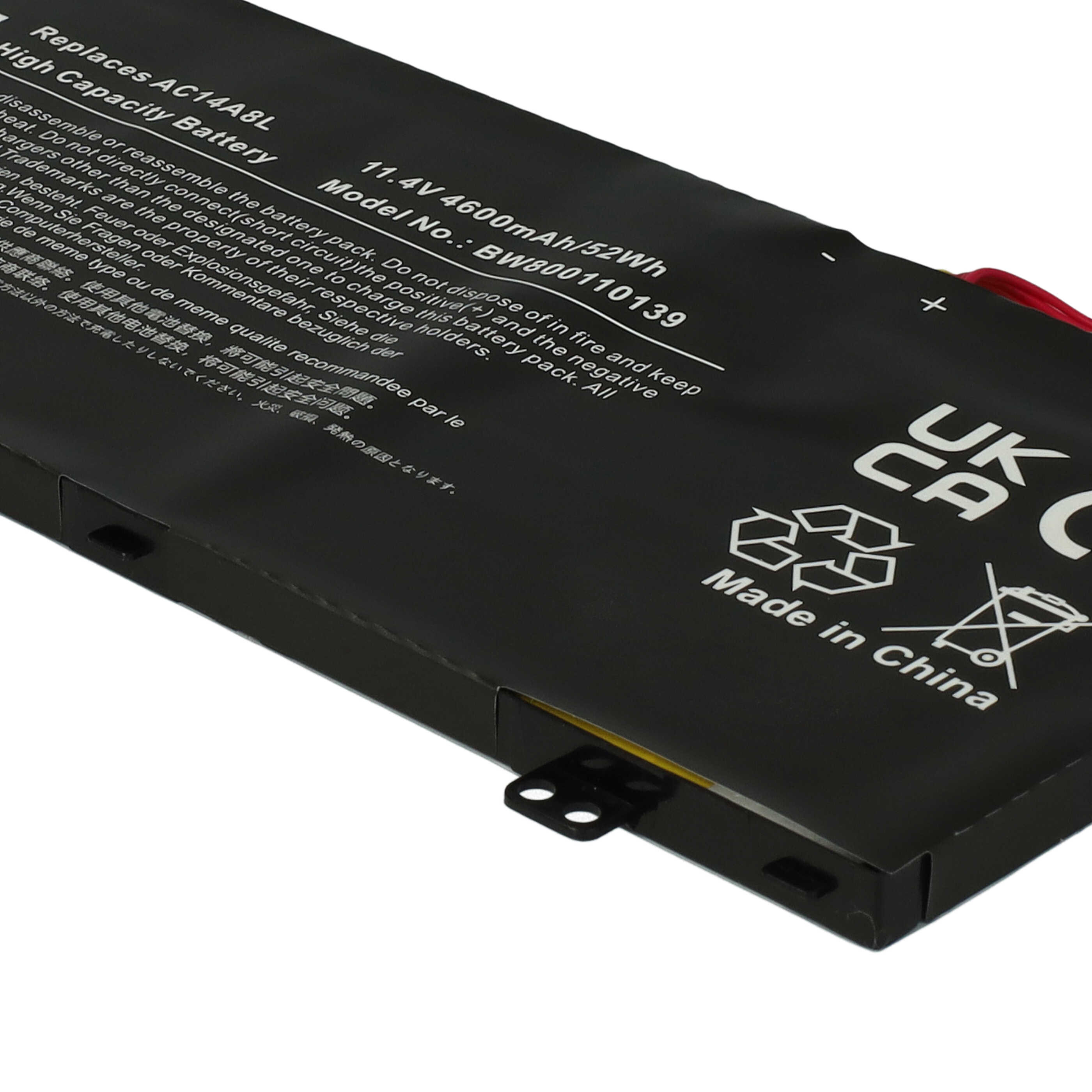 Batterie remplace Acer 3ICP7/61/80, AC14A8L pour ordinateur portable - 4600mAh 11,4V Li-polymère, noir