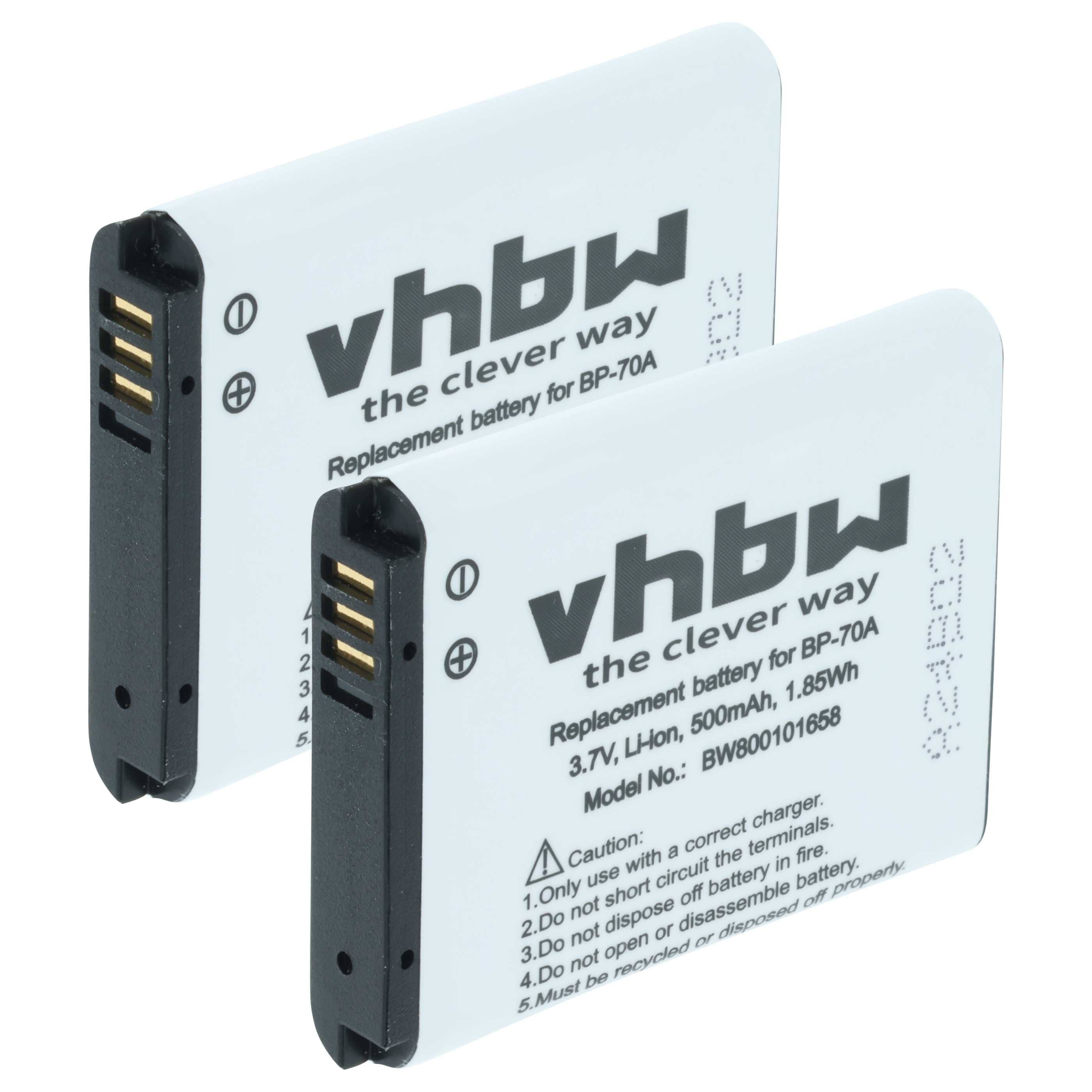 2x Battery replaces Samsung EA-BP70A, SLB-70A, BP70a, BP-70a - 500mAh, 3.6V, Li-Ion