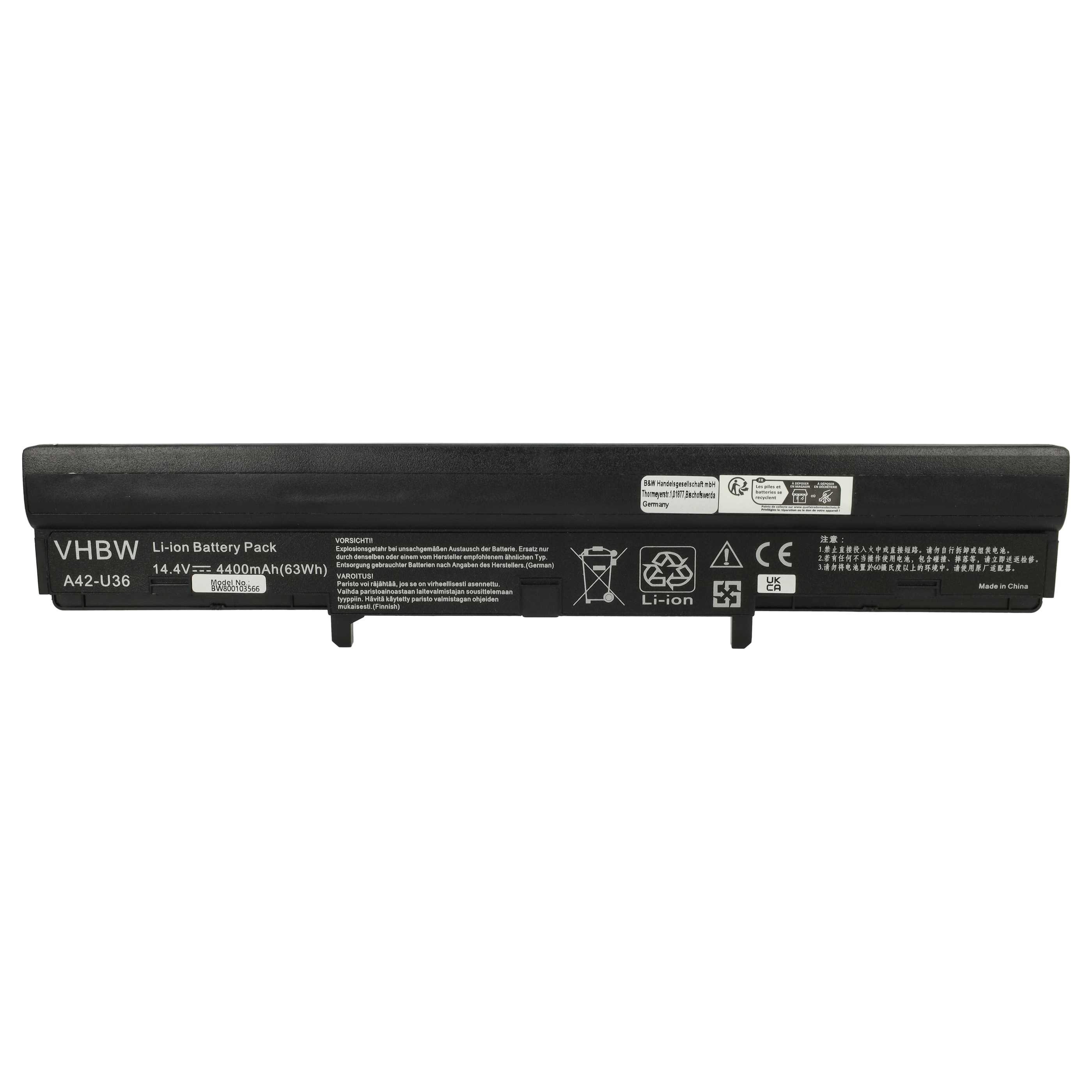 Akumulator do laptopa zamiennik Asus A41-U36, 4INR18/65-2, A42-U36, 4INR18/65 - 4400 mAh 14,8 V Li-Ion, czarny