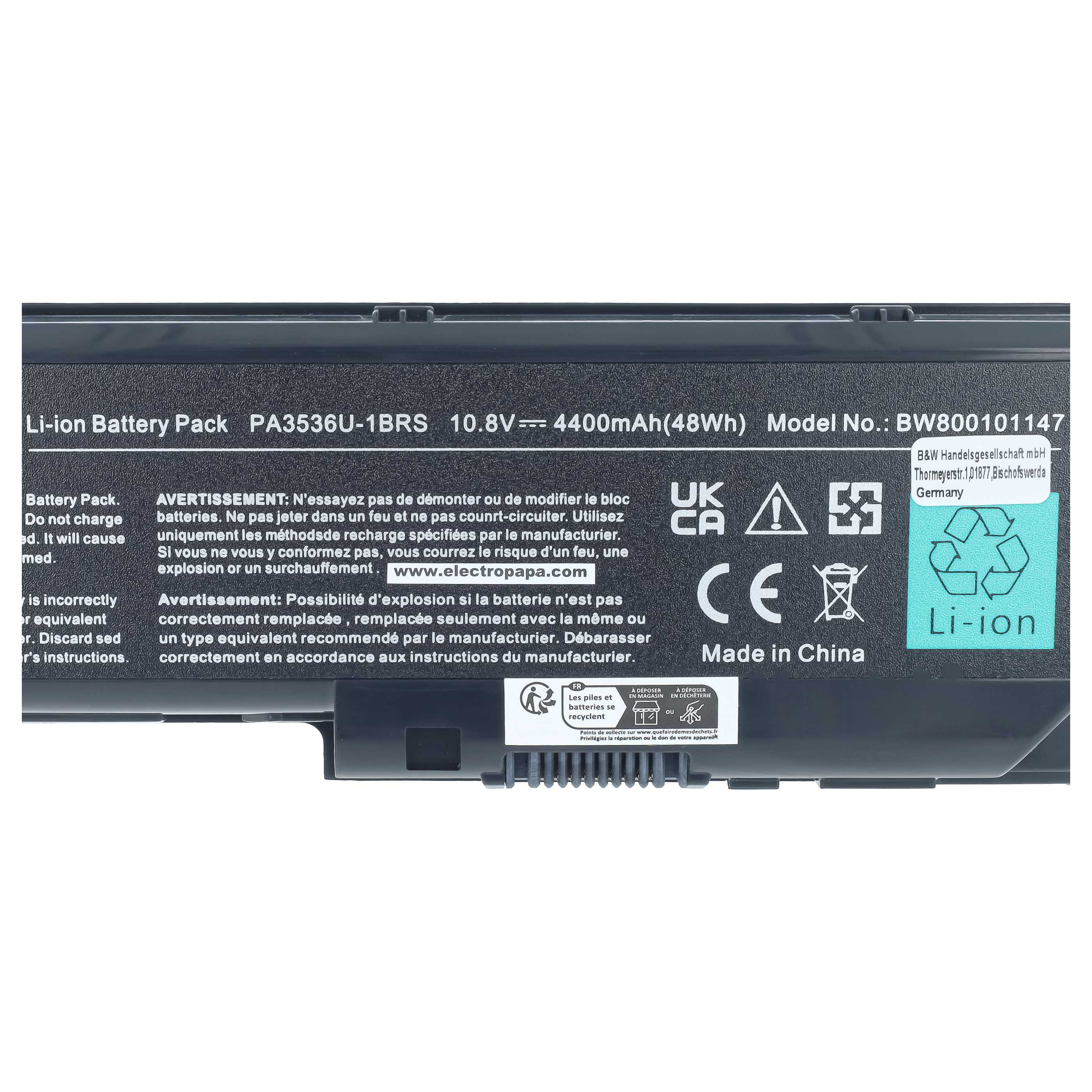 Notebook-Akku als Ersatz für Toshiba PA3536U-1BAS, PA3536U-1BRS für Toshiba - 4400mAh 11,1V Li-Ion, schwarz