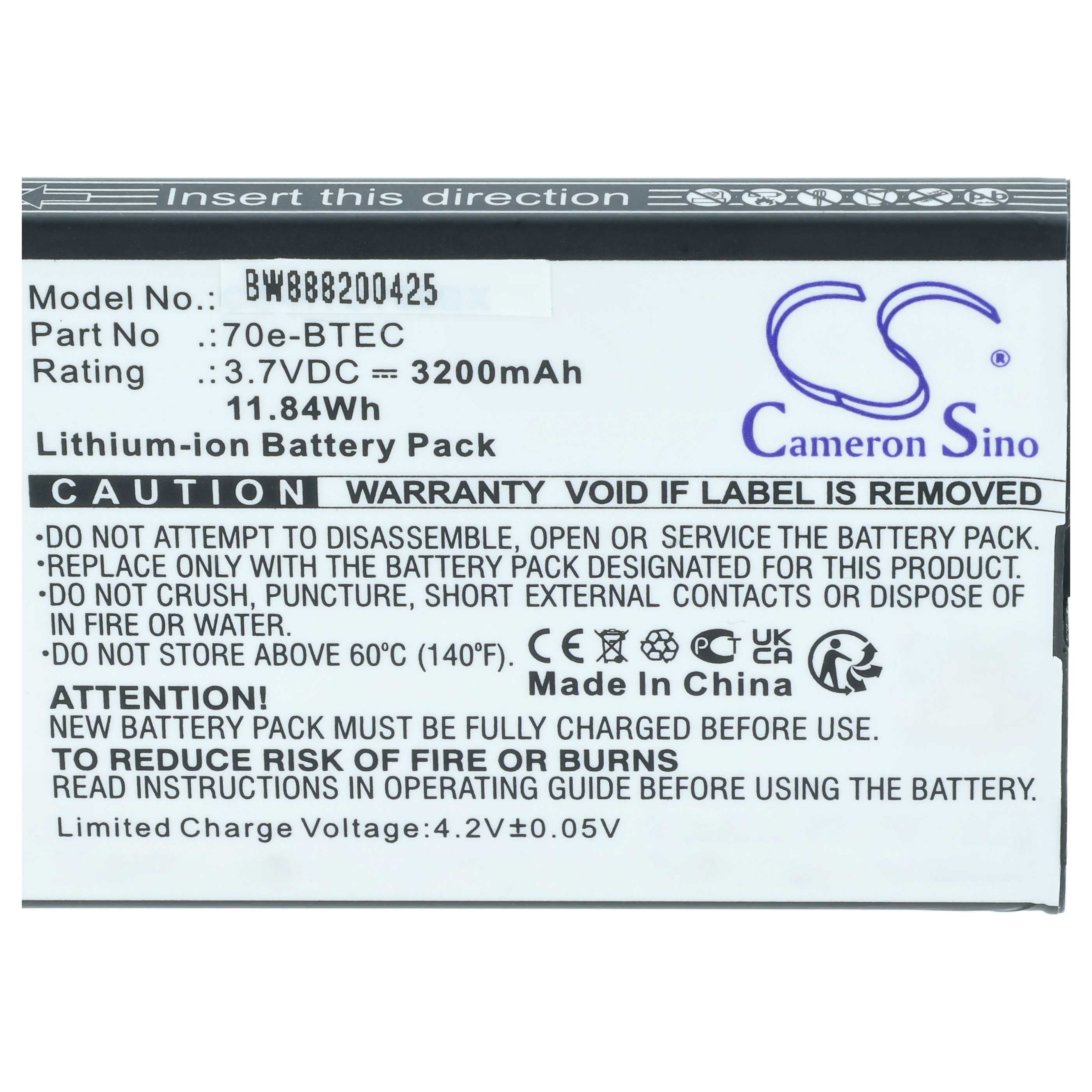 2x Batteria per computer portatile scanner sostituisce Honeywell 60S-BATT-1, 70e-BTEC - 3200mAh 3,7V Li-Ion