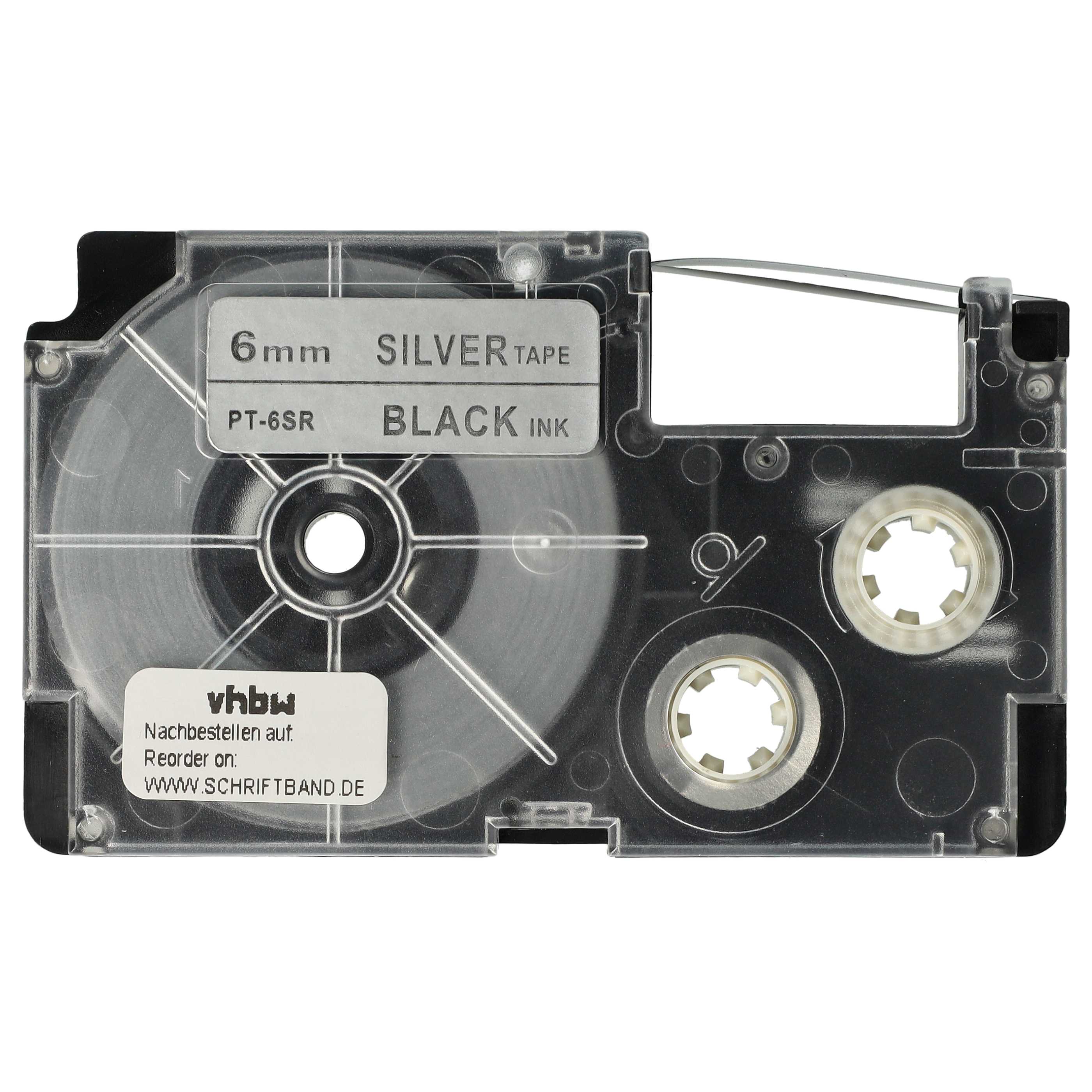 Label Tape replaces Casio XR-6SR1, XR-6SR - 6 mm Black to Silver