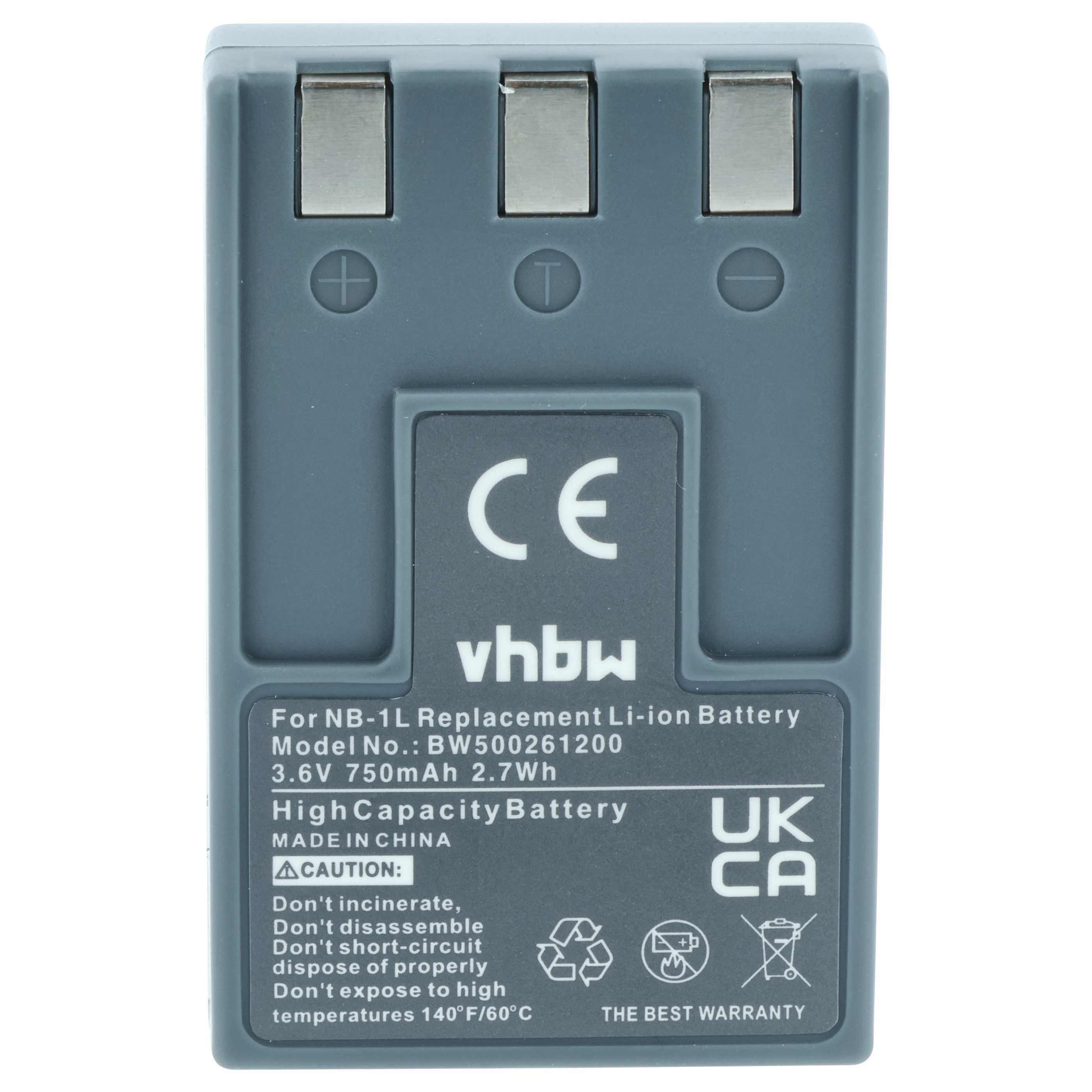 2x Battery replaces Canon NB-1LH, NB-1L - 750mAh, 3.6V, Li-Ion