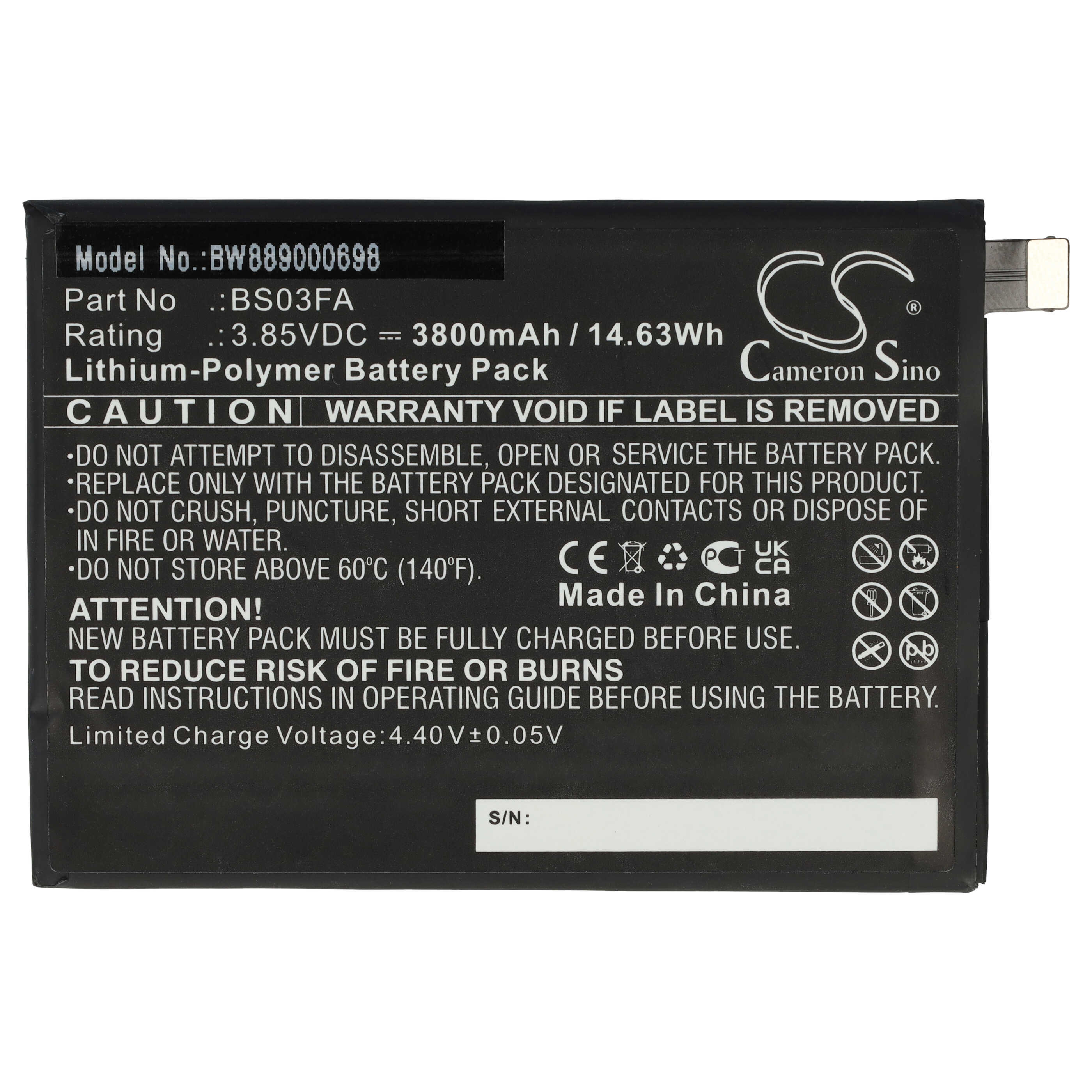 Batterie remplace Xiaomi BS03FA pour téléphone portable - 3800mAh, 3,85V, Li-polymère