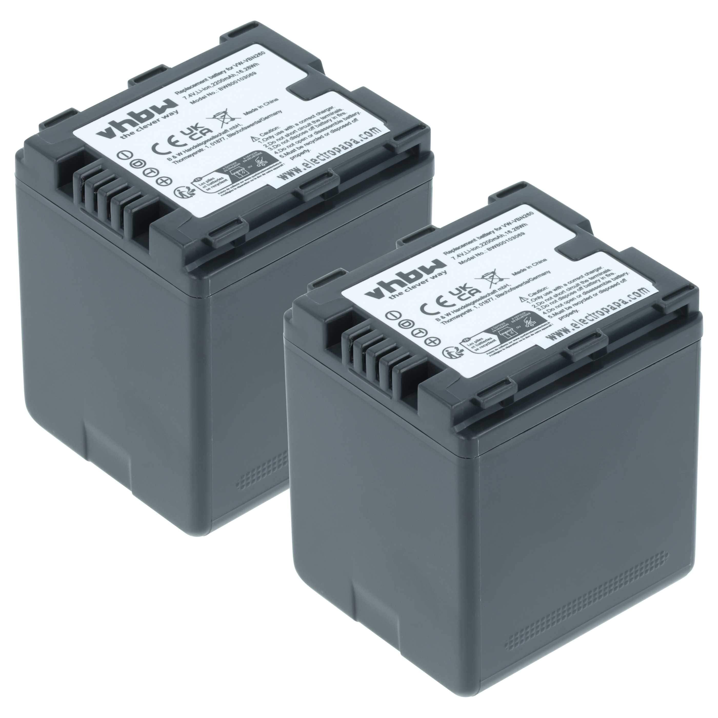 Videocamera 2x Battery replaces Panasonic VW-VBN130E-K, VW-VBN130E, VW-VBN130 - 2200 mAh 7.2 V Li-Ion