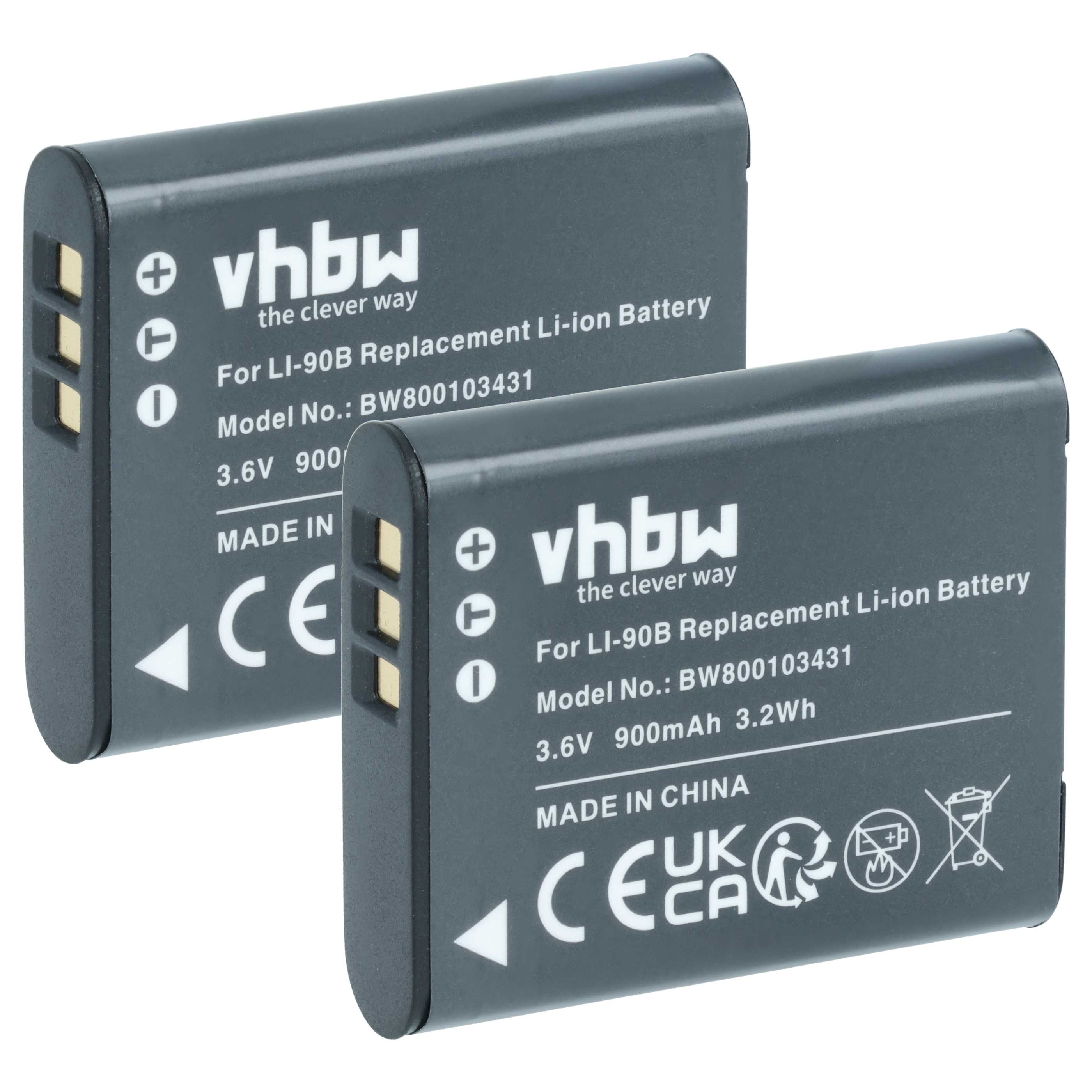 2x Battery replaces Olympus Li-92B, Li-90B - 900mAh, 3.6V, Li-Ion