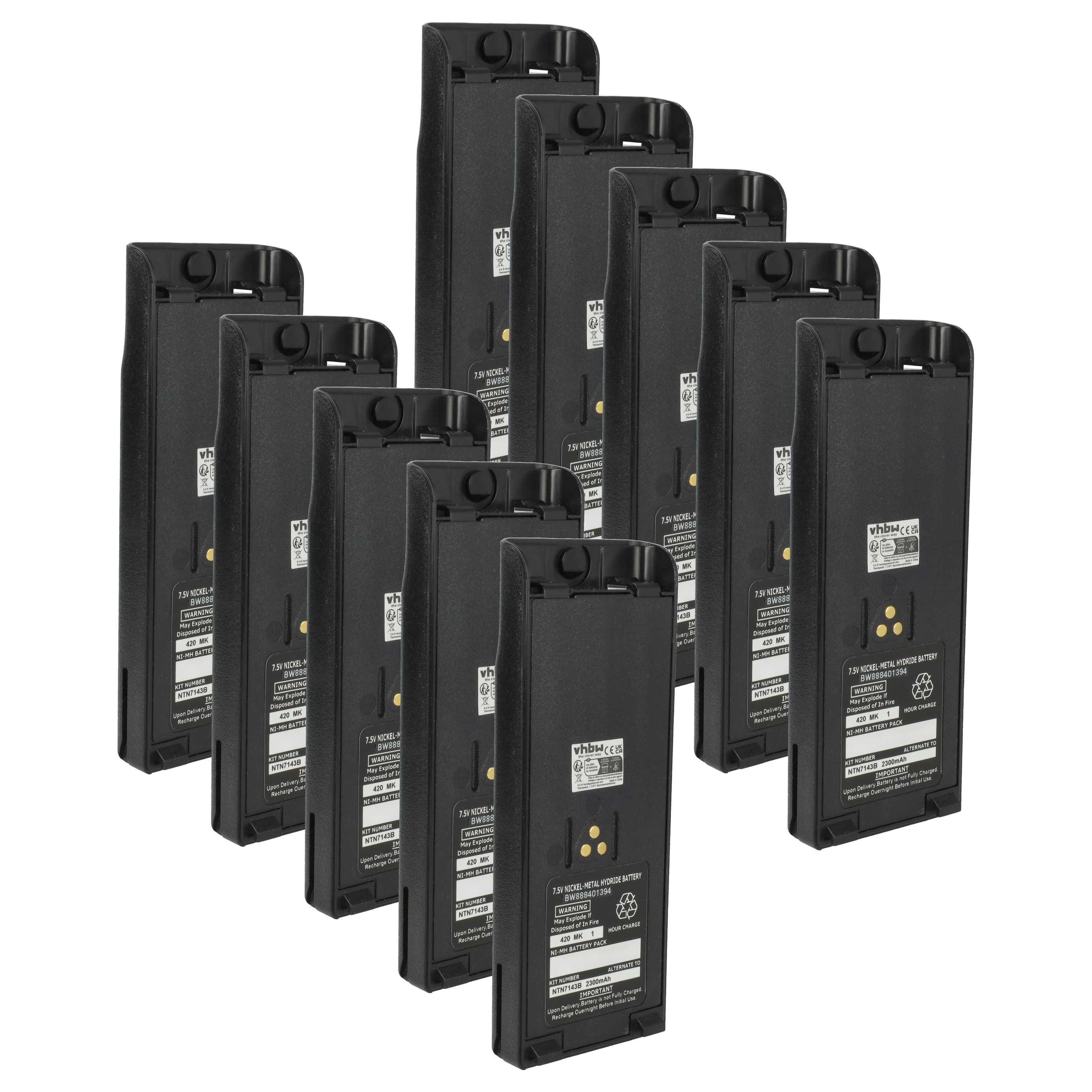 Radio 10x Battery replaces Motorola NTN7143, NTN7143CR, NTN7143B, NTN7143A - 2300 mAh 7.5 V NiMH + Belt Clip