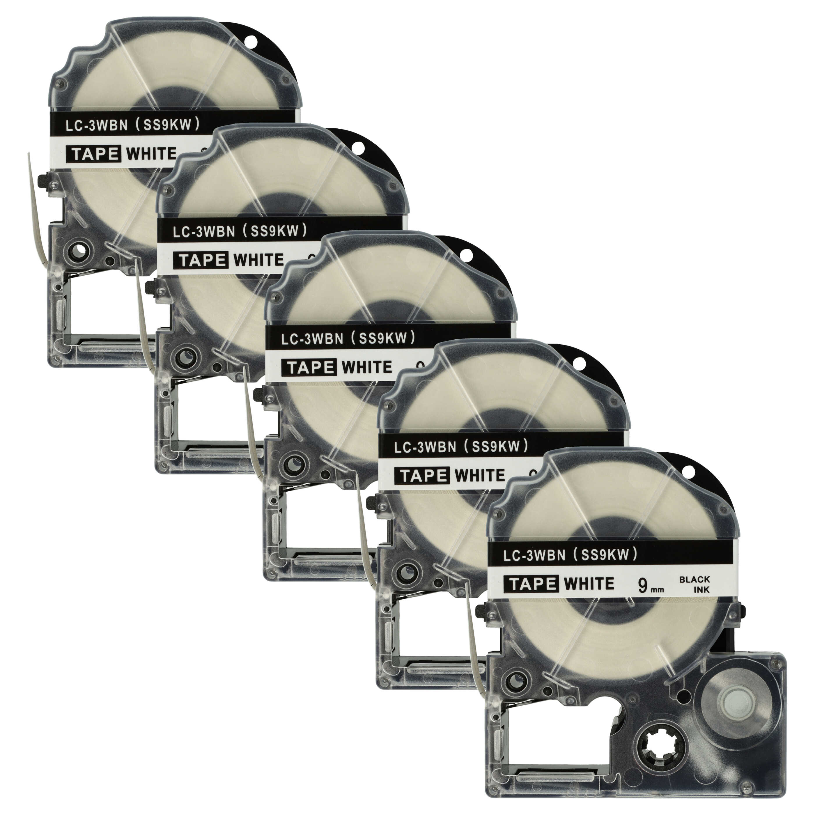 5x Cassetta nastro sostituisce Epson SS9KW, LC-3WBN per etichettatrice 9mm nero - bianco