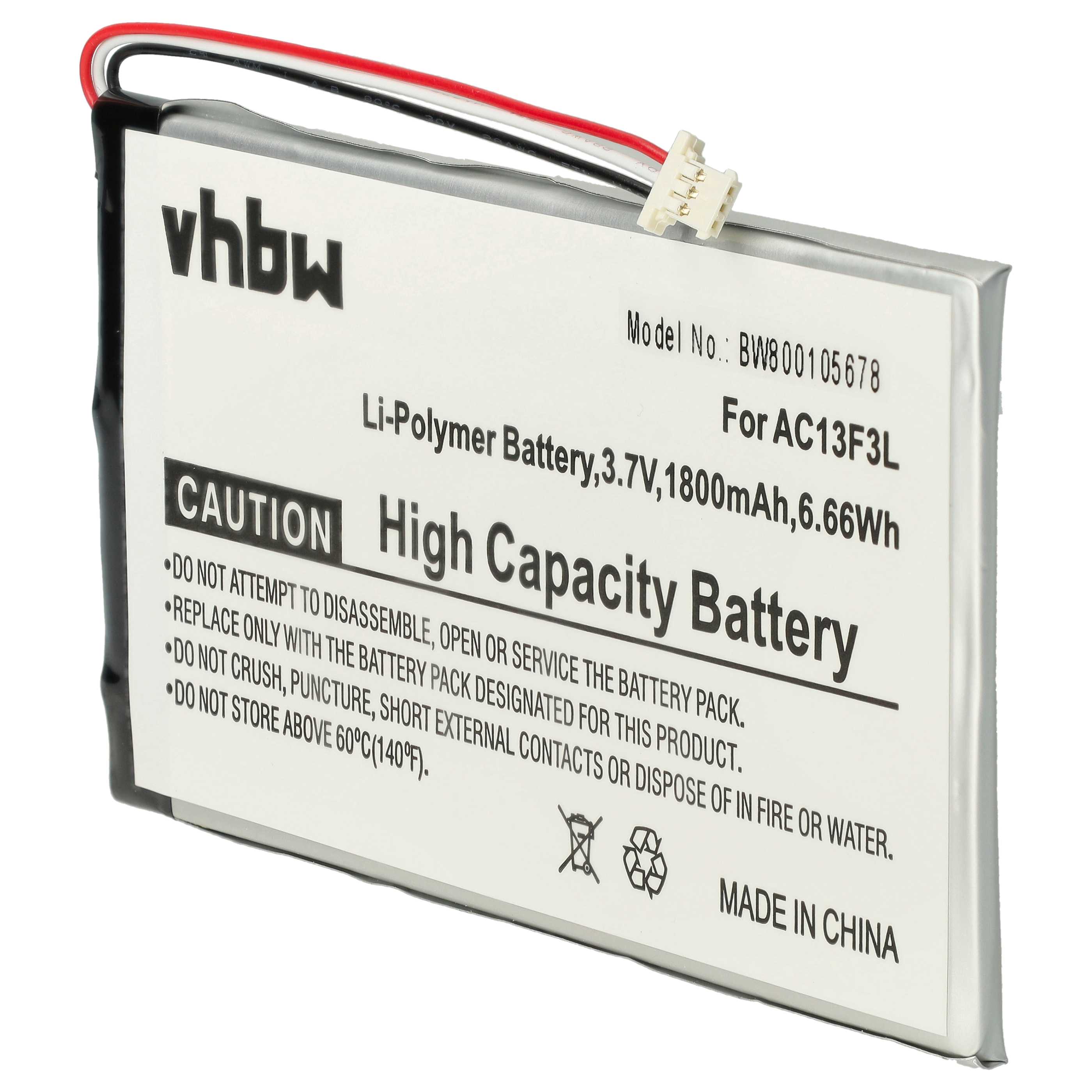 Tablet Battery Replacement for Acer BAT-715(1ICP5/58/94), KT.0010G.002D - 1800 mAh 3.7 V Li-polymer
