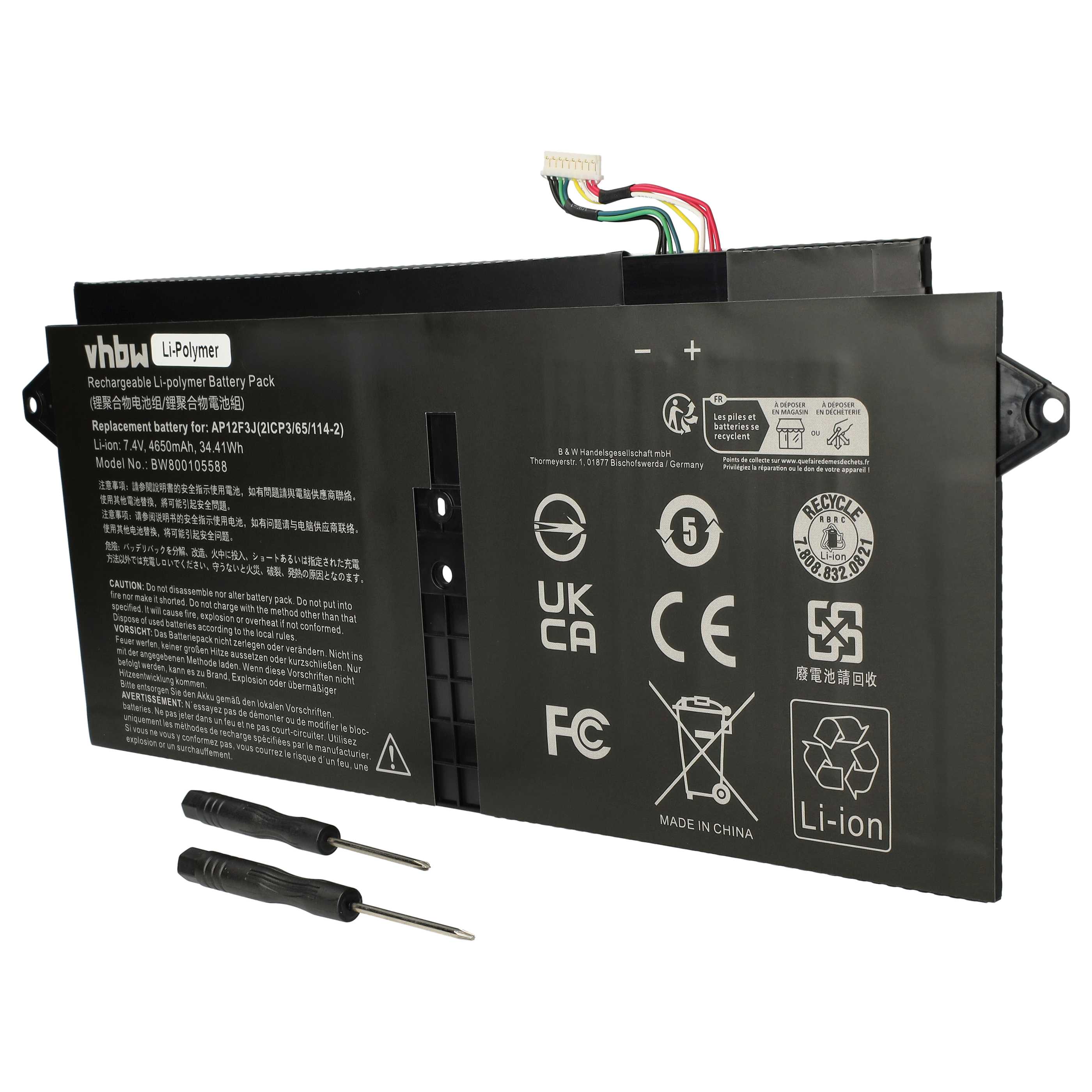 Notebook-Akku als Ersatz für Acer KT.00403.009, AP12F3J, 2ICP3/65/114-2 - 4650mAh 7,4V Li-Polymer, schwarz