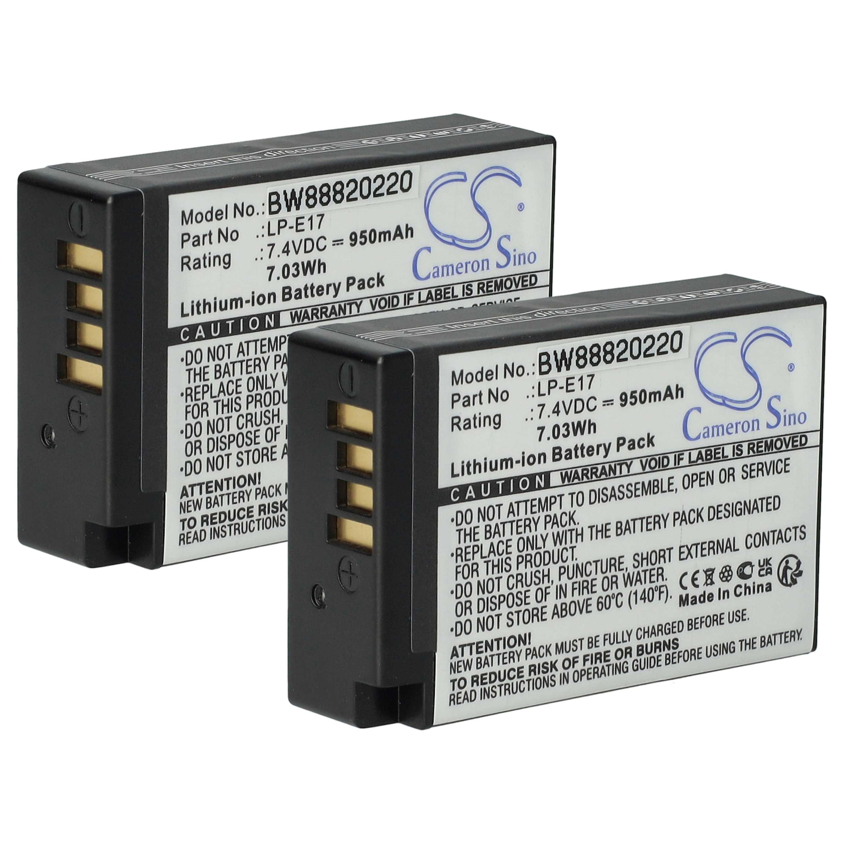 2x Battery replaces Canon LP-E17 - 950mAh, 7.2V, Li-Ion