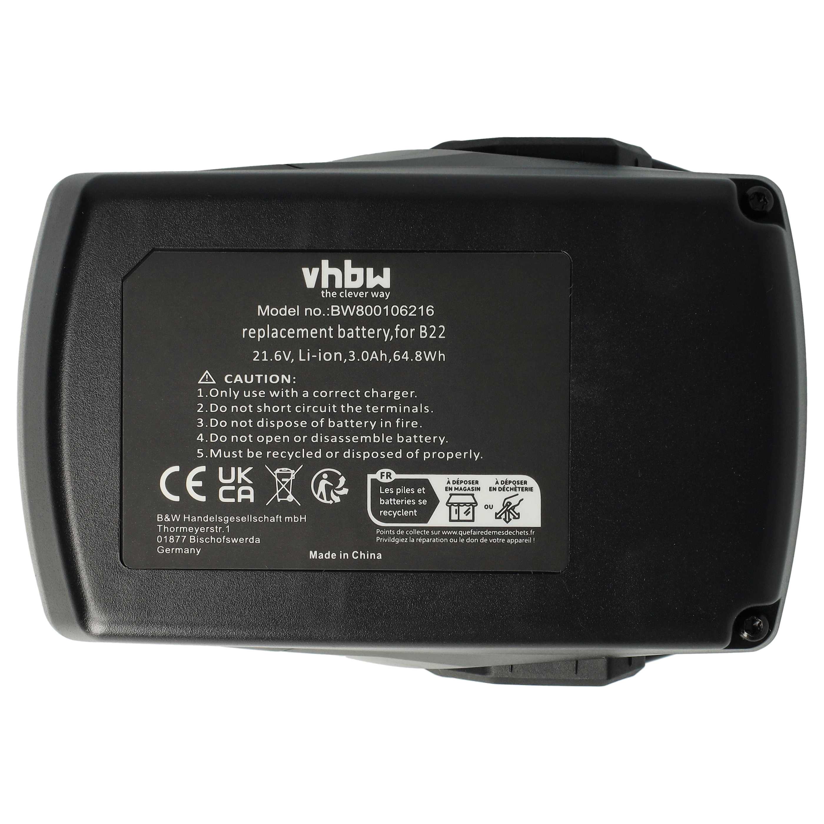 Battery replaces Hilti 2018498, 2136393, 2136395, 2183185 Electric Power Tool - 3000 mAh, 21.6 V, Li-Ion