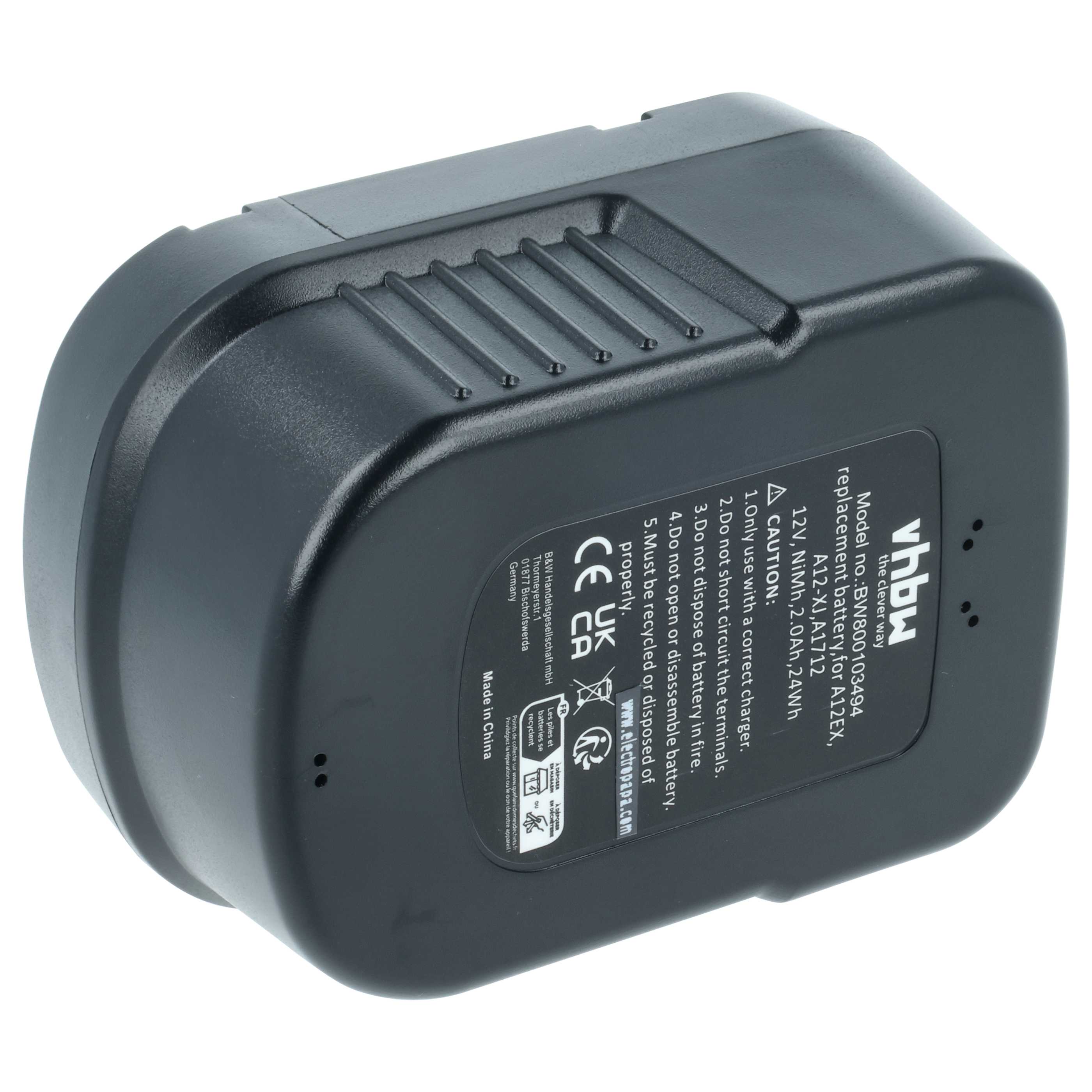 2x Battery replaces Black & Decker A12, A12-XJ, A12EX, A1712, A12E Electric Power Tool - 2000 mAh, 12 V, NiMH