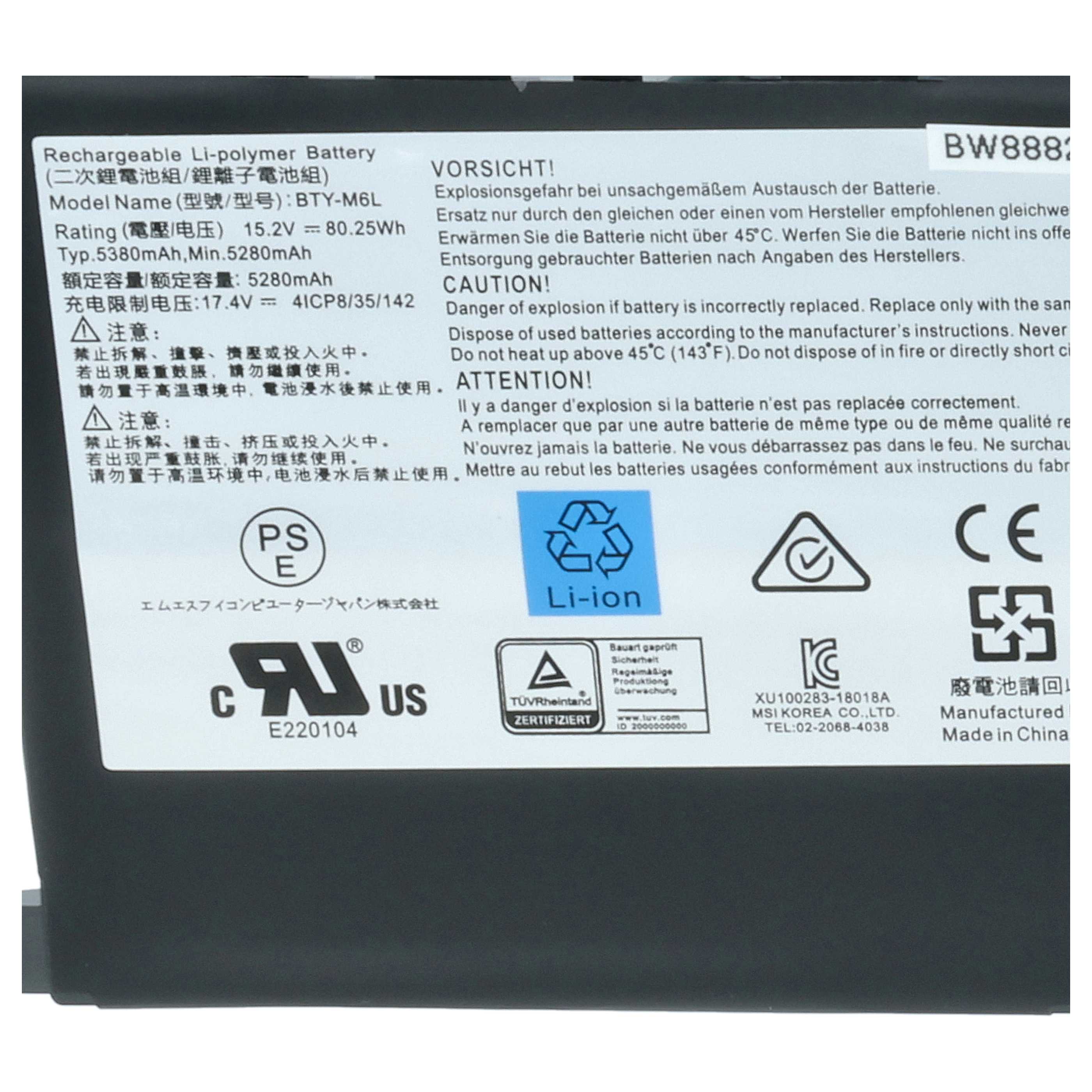 Notebook Battery replaces MSI BTY-M6L - 5200 mAh 15.2 V Li-polymer