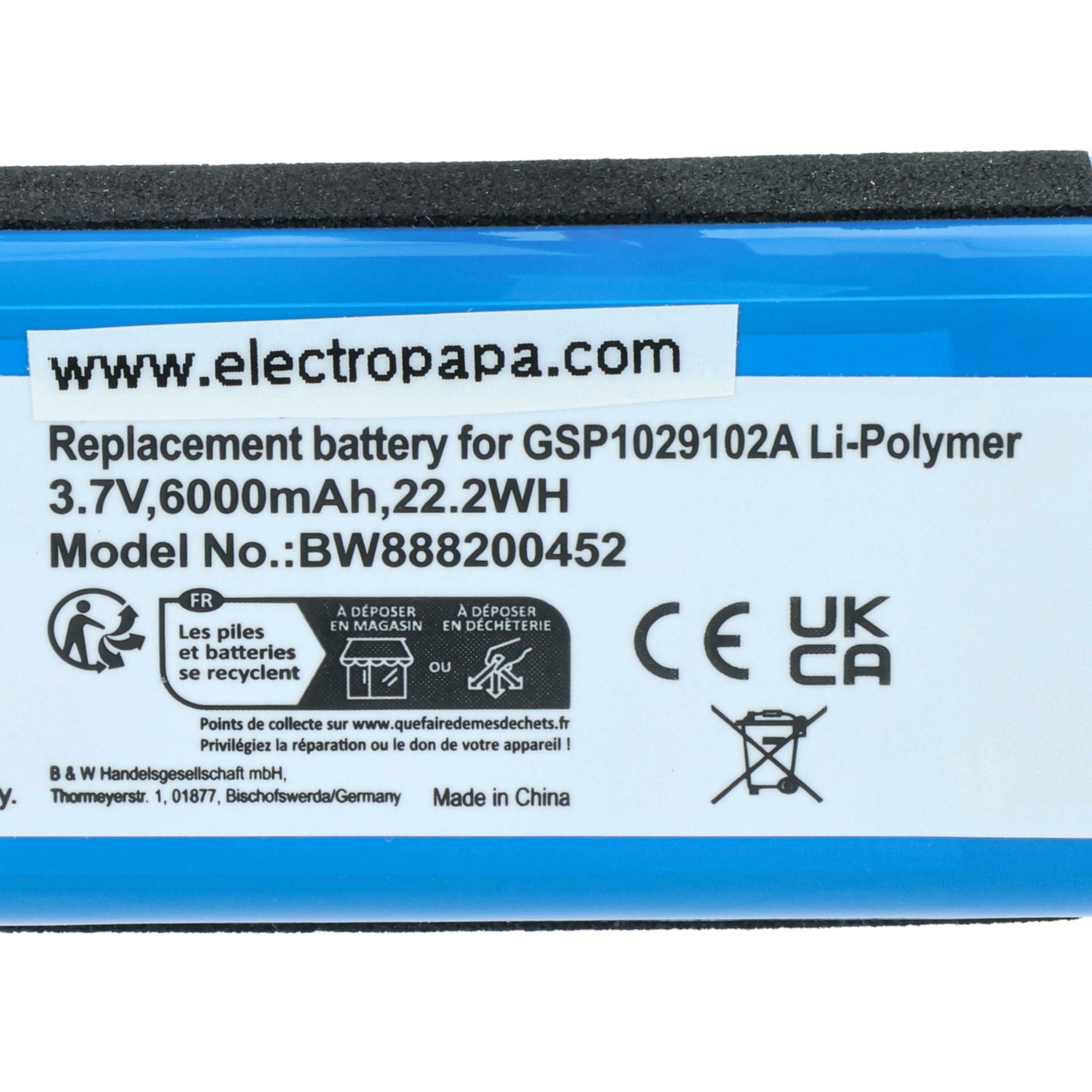 Battery replaces JBL GSP1029102A (version 2) for JBL Loudspeaker - Li-polymer 6000 mAh
