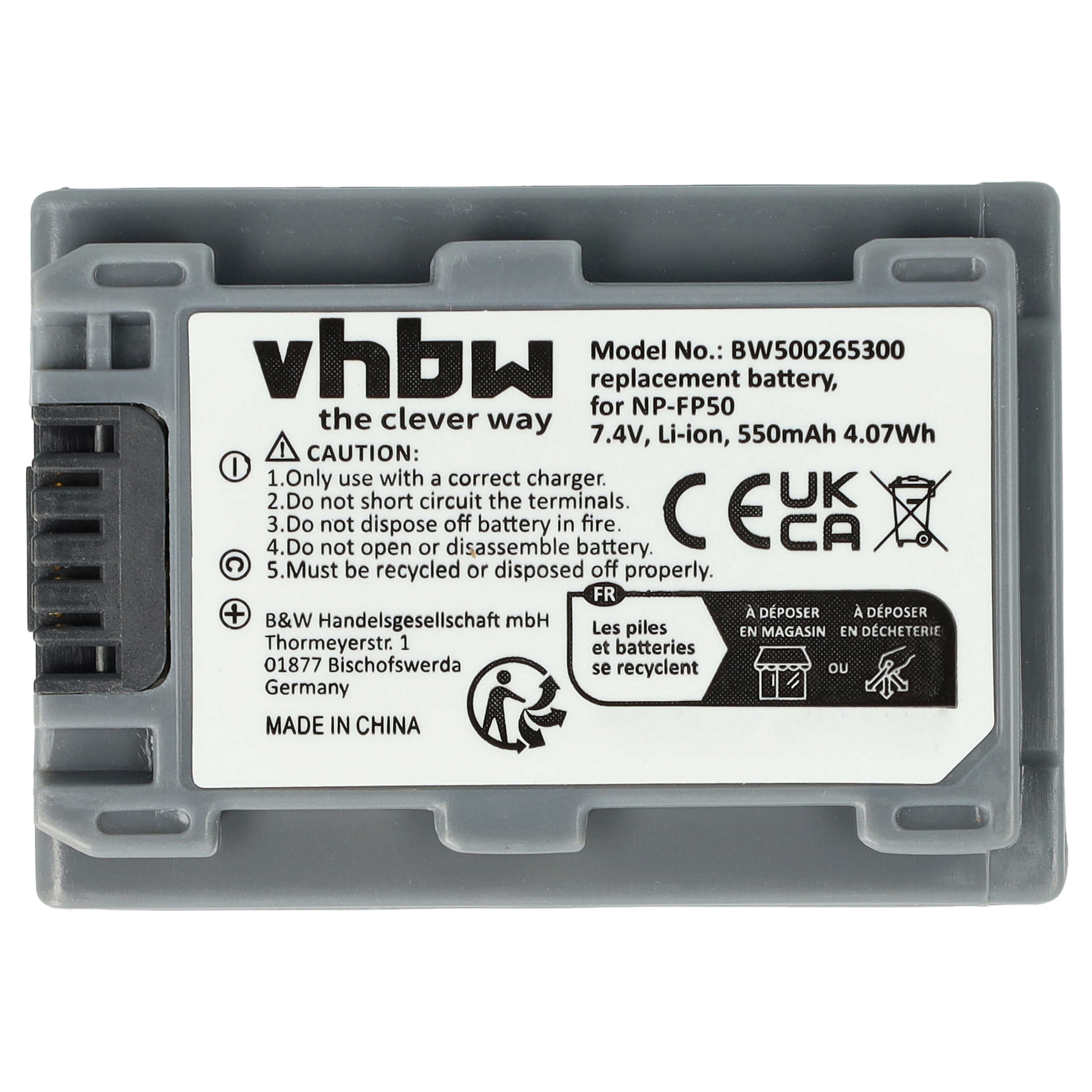 Videocamera Battery Replacement for Sony NP-FP50, NP-FP30, NP-FP60, NP-FP51, NP-FP70 - 600mAh 7.2V Li-Ion
